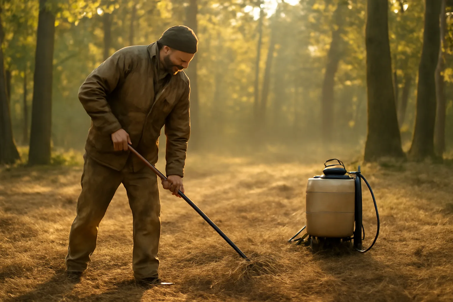 Hunter raking a small forest clearing while making a food plot without equipment