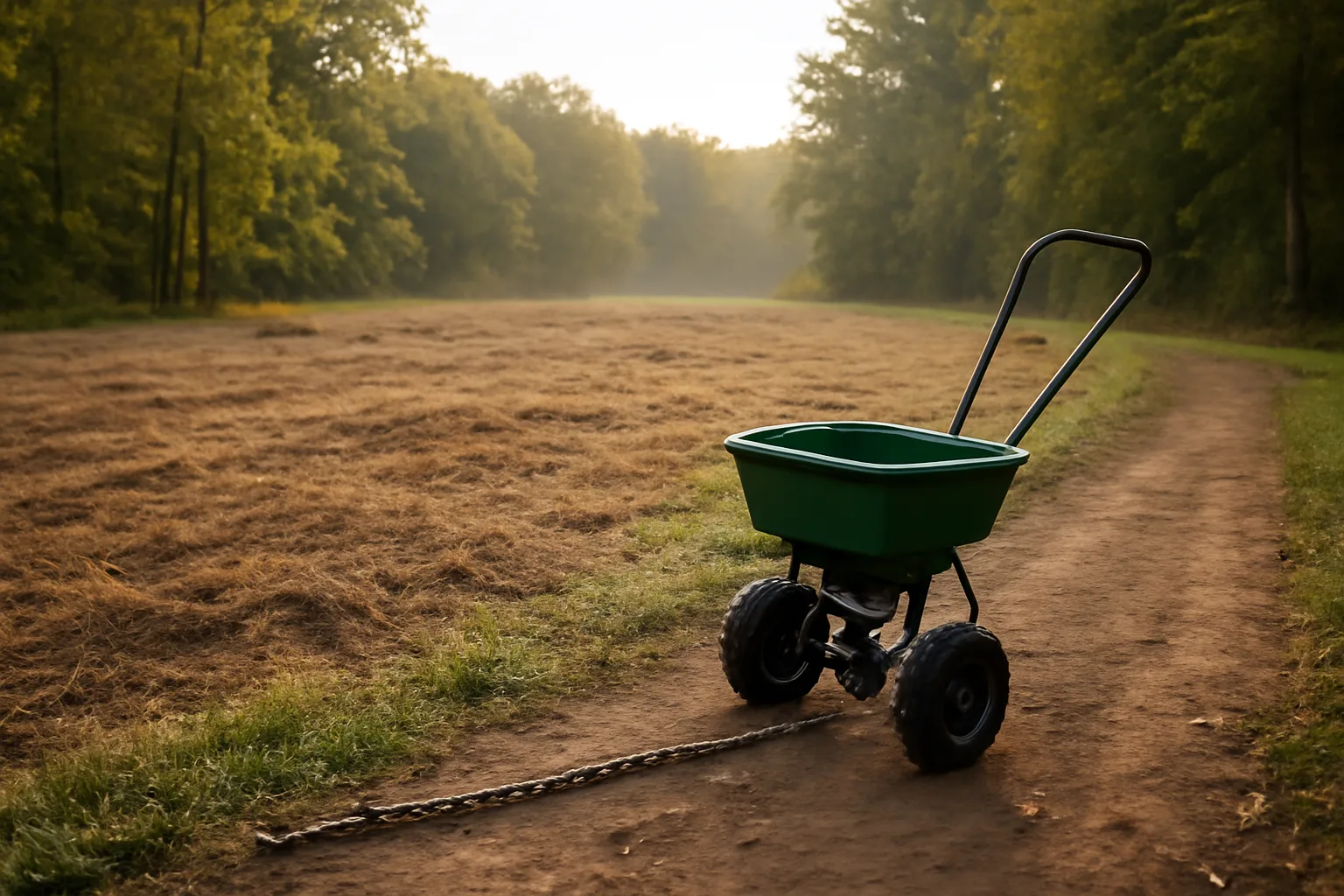 Sprayed-down food plot clearing at dawn with a broadcast spreader and drag chain on the ground