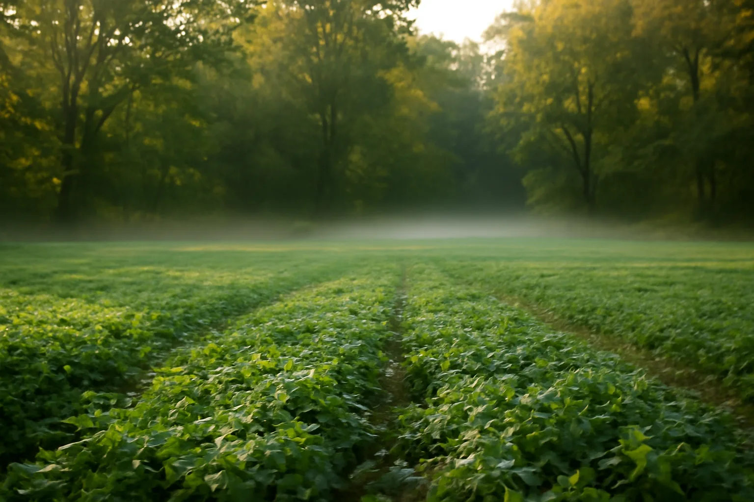 Sunlit clover food plot clearing surrounded by hardwood timber at dawn