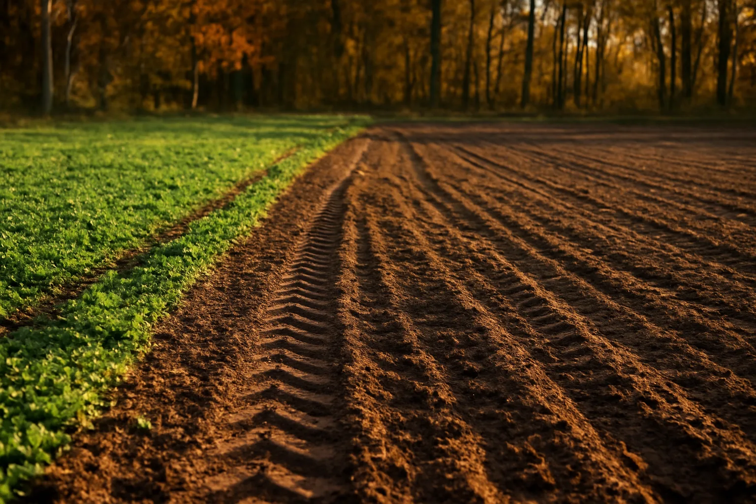 Freshly planted whitetail deer food plot bordered by autumn hardwoods at golden hour