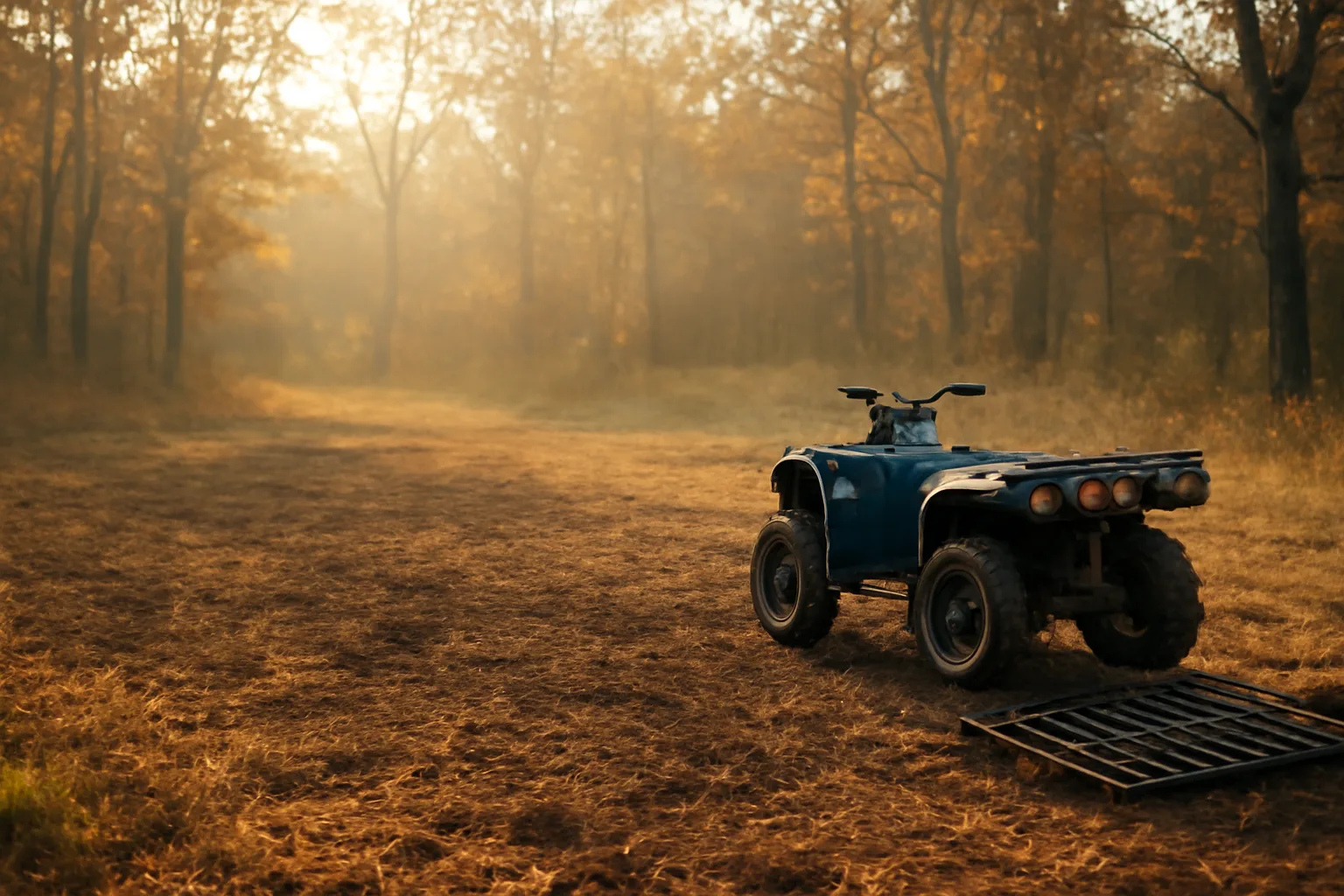 ATV and drag harrow beside a no-till food plot with dead thatch in autumn woods