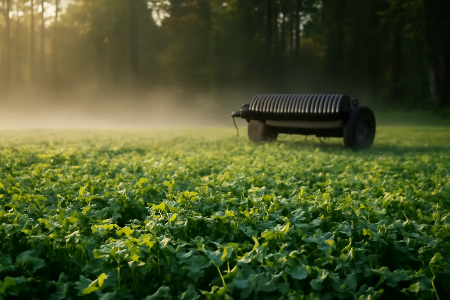 Dew covered young clover food plot at forest edge in early morning light