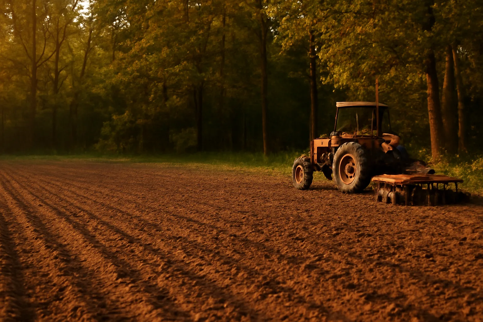 Freshly tilled deer food plot bordered by autumn hardwood timber at dusk