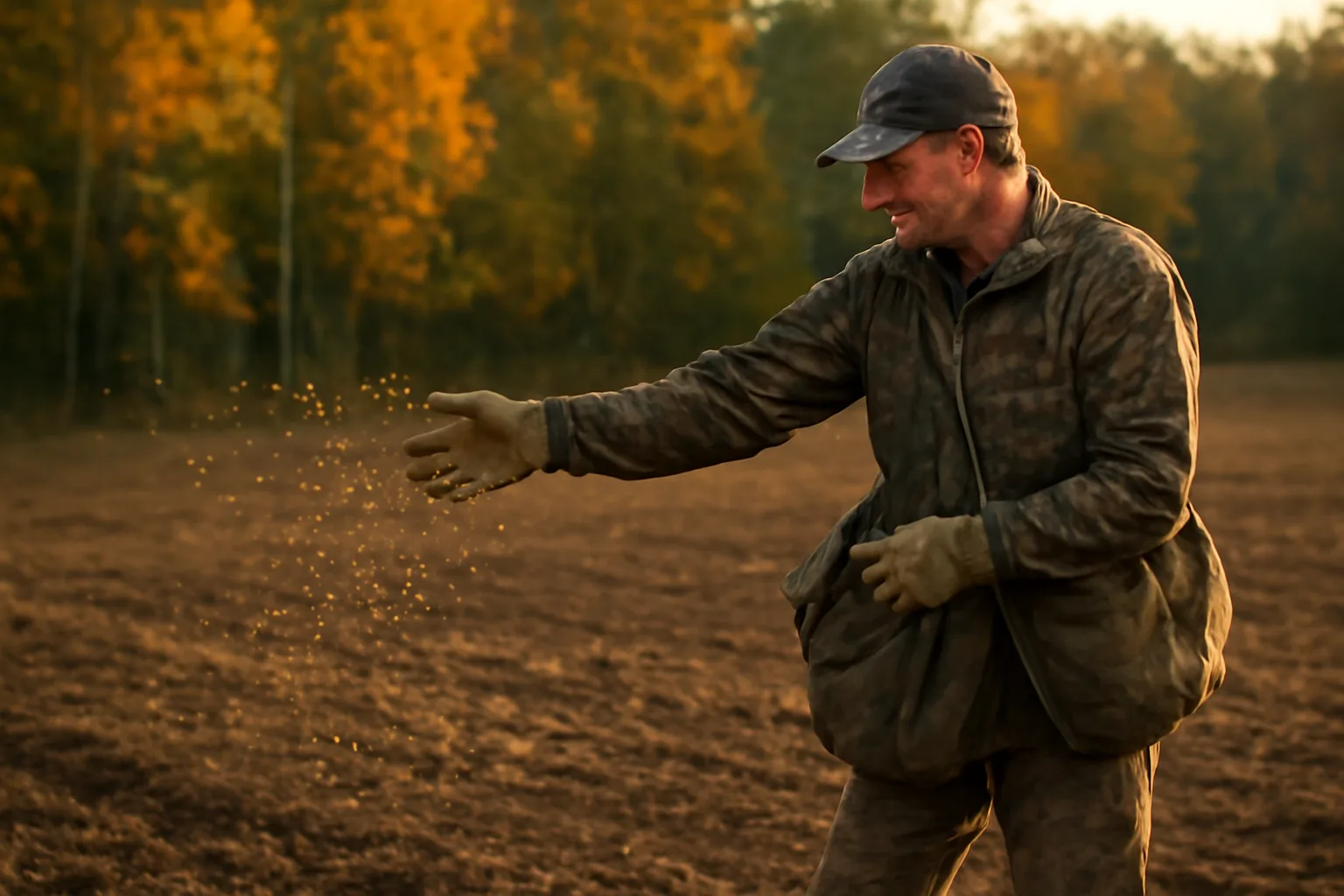 Hunter hand-broadcasting seed across a small cleared food plot near woods