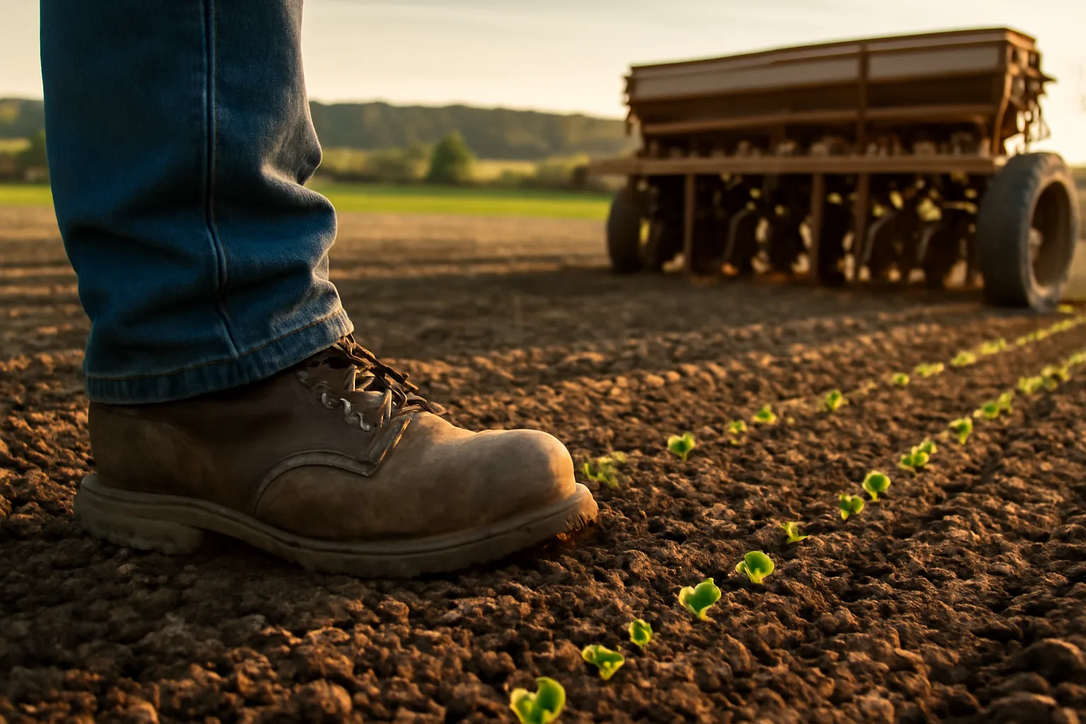Boot pressing into freshly seeded soil in an alfalfa food plot at dusk