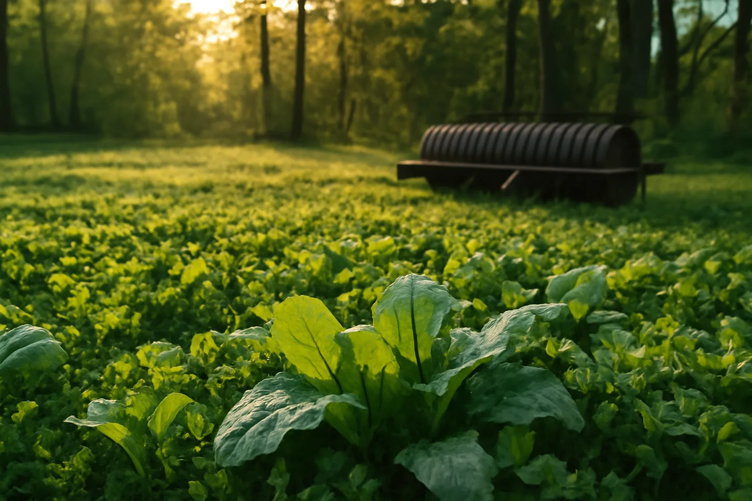Sunlit chicory and clover food plot bordered by hardwood forest in early morning