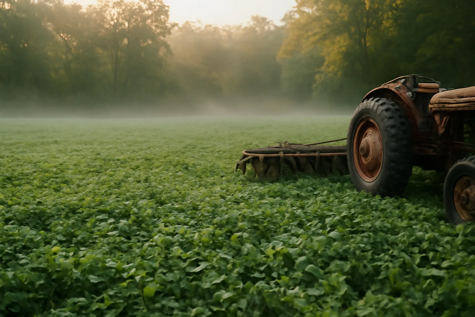 Dew-covered clover food plot at dawn beside a wooded tree line