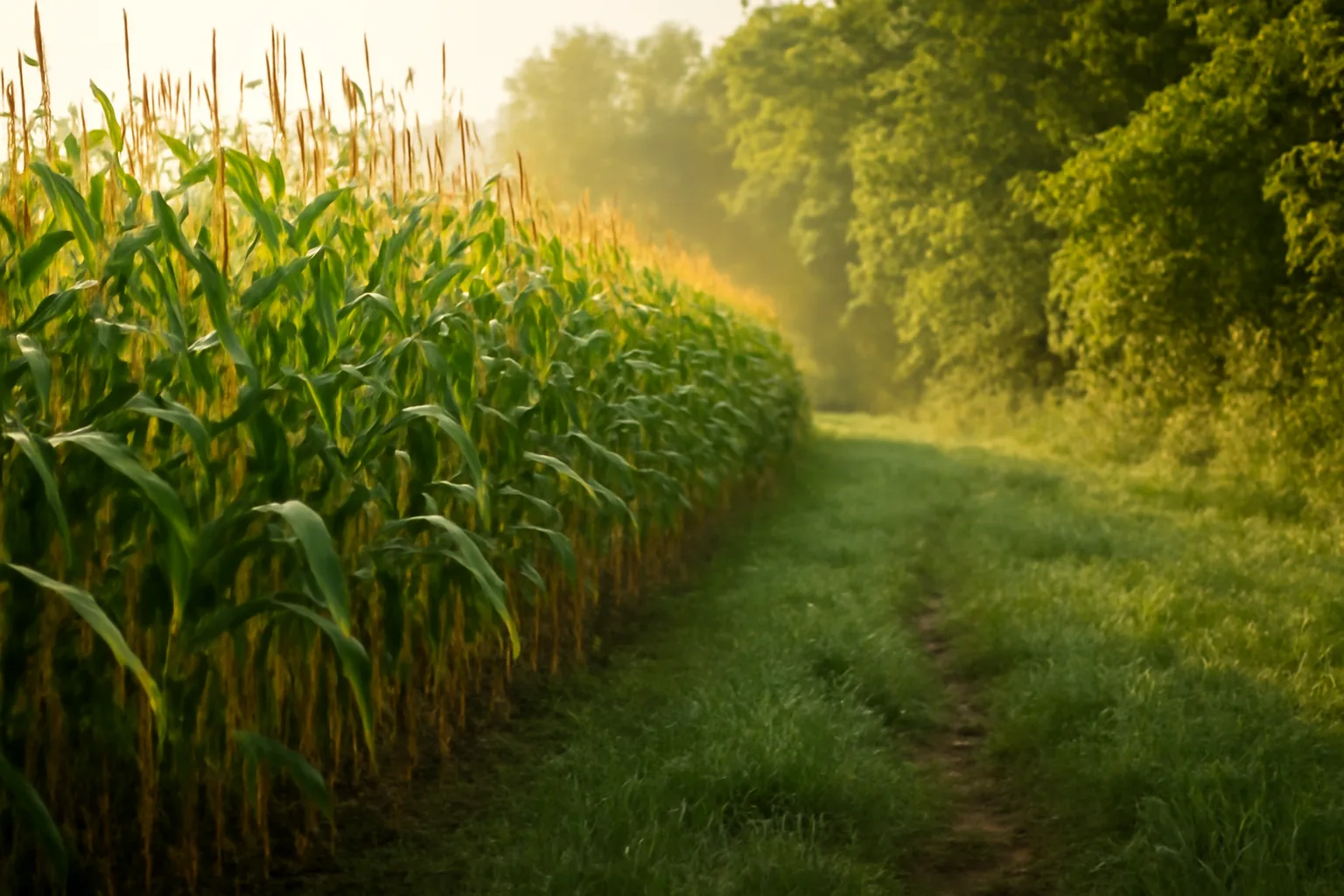 Standing cornfield food plot at dawn beside a wooded tree line