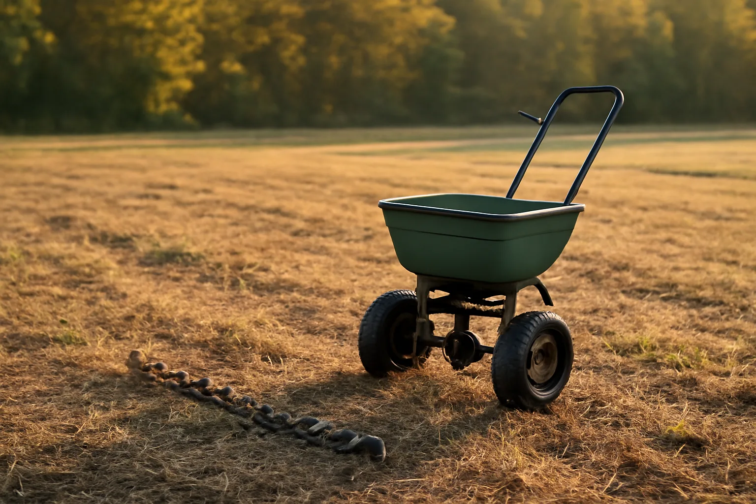 No-till food plot with mowed thatch, seed spreader, and drag chain at field edge