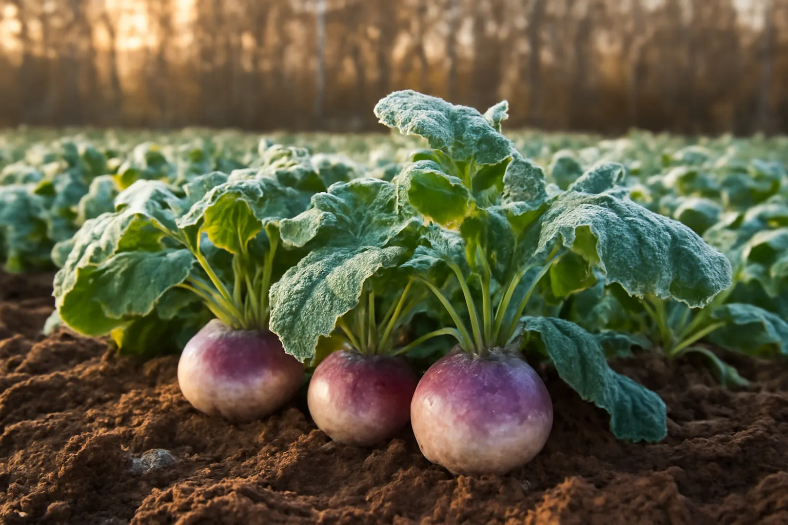 Frost-covered turnip food plot with exposed bulbs near a wooded tree line