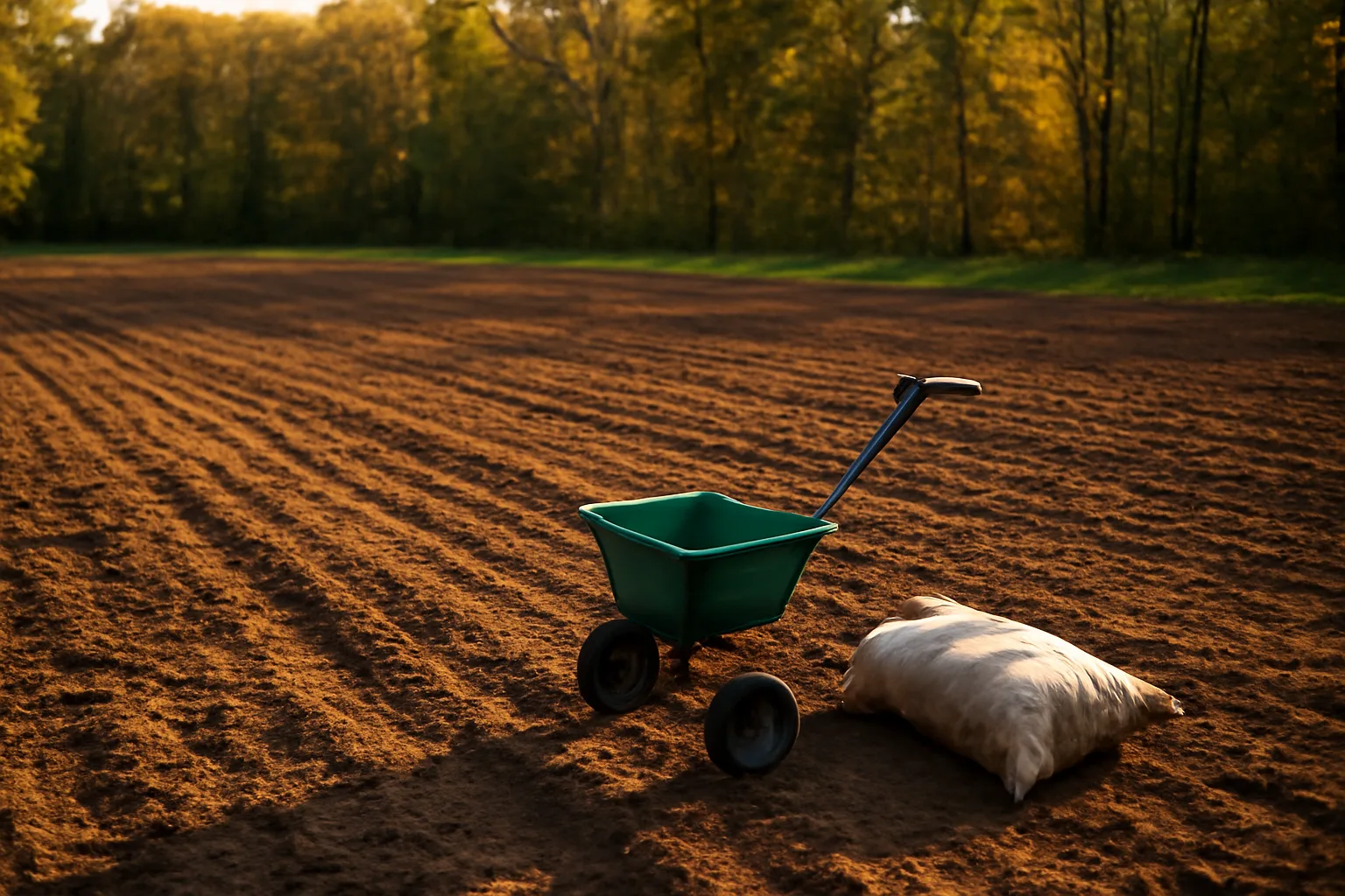 Freshly tilled food plot field ready for planting at forest edge in late afternoon light
