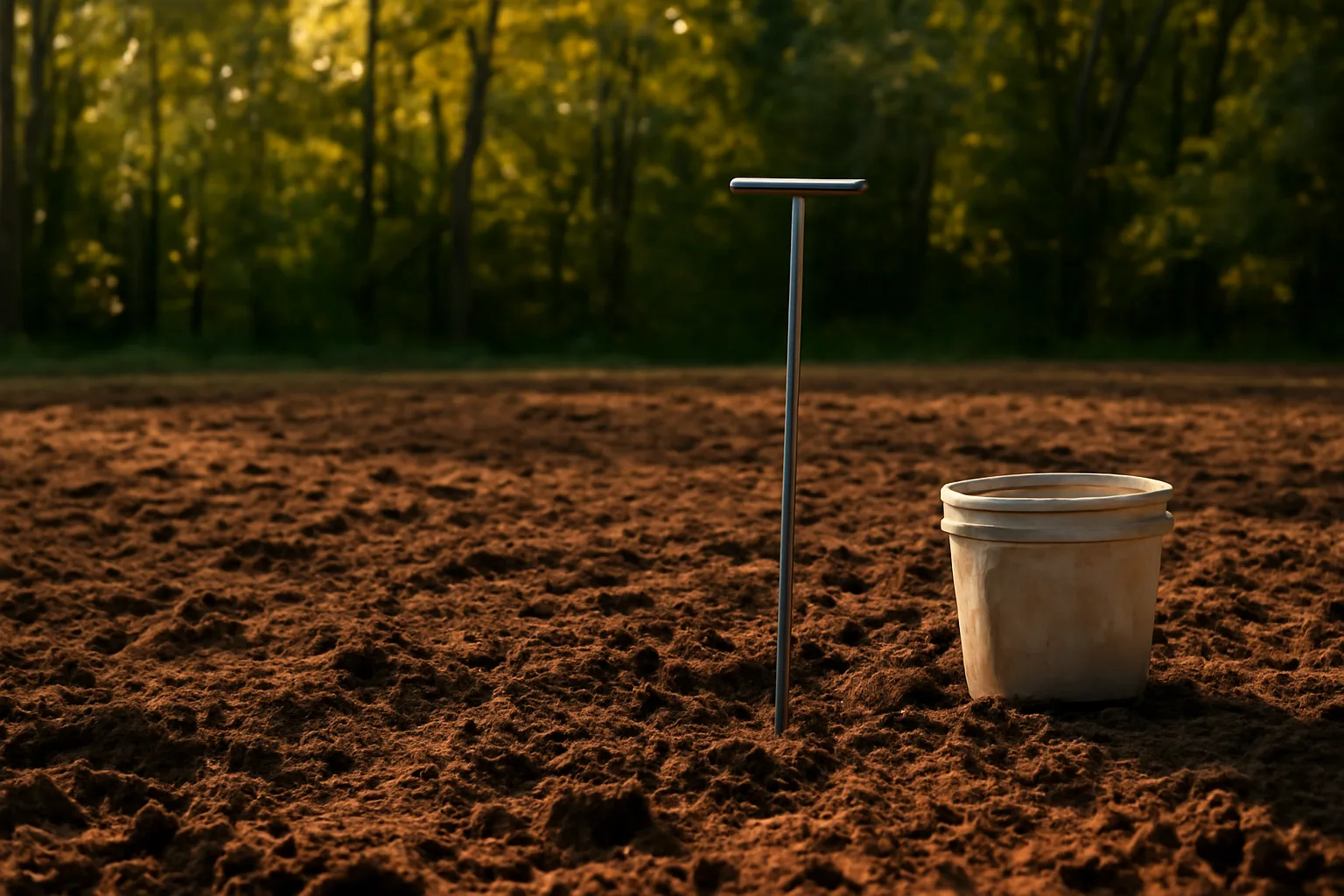 Freshly tilled food plot clearing with soil probe and bucket at forest edge