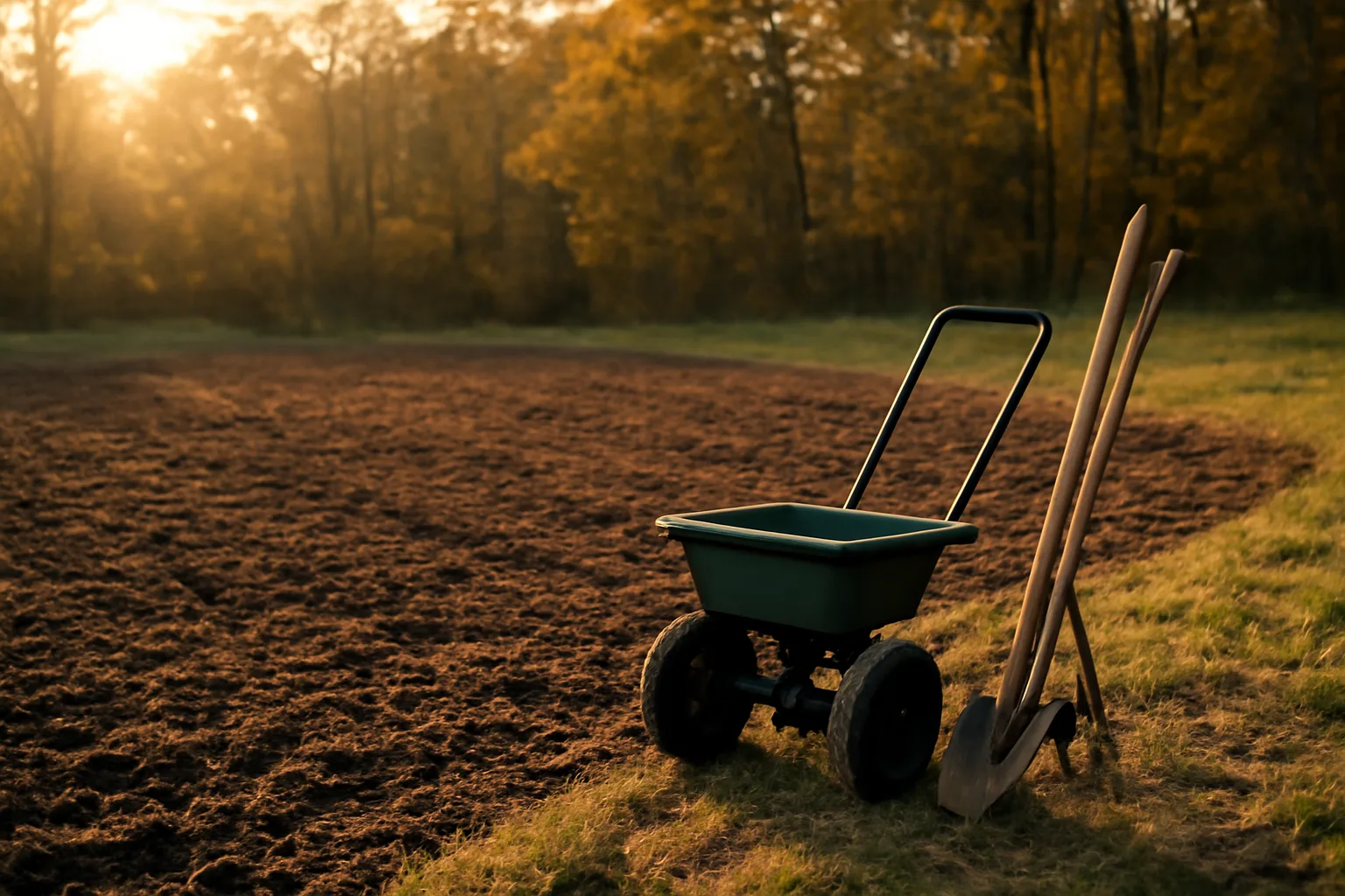 Freshly tilled woodland food plot clearing lit by low autumn sun