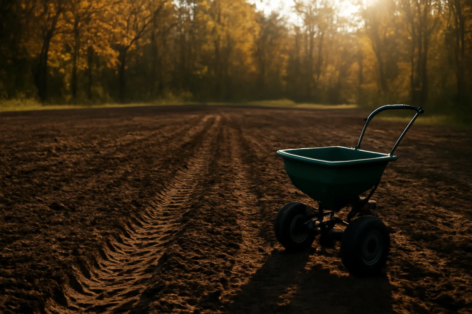 Freshly tilled food plot for deer bordered by autumn hardwoods at sunset