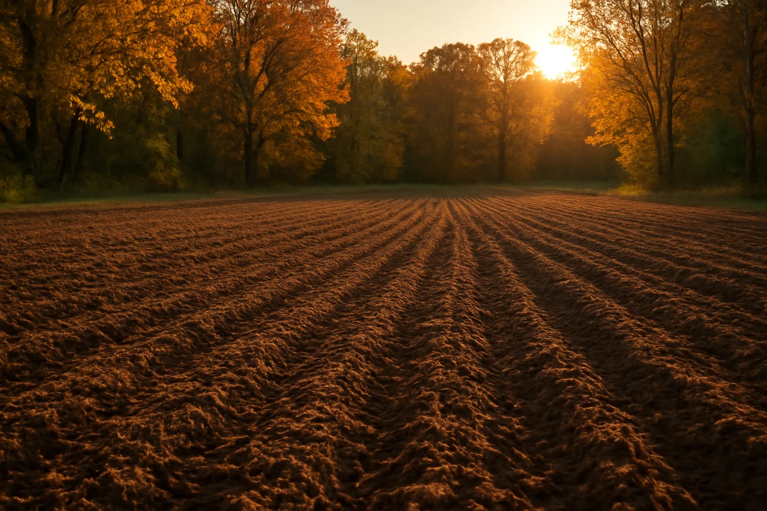 Freshly tilled deer food plot edged by autumn hardwoods at sunset