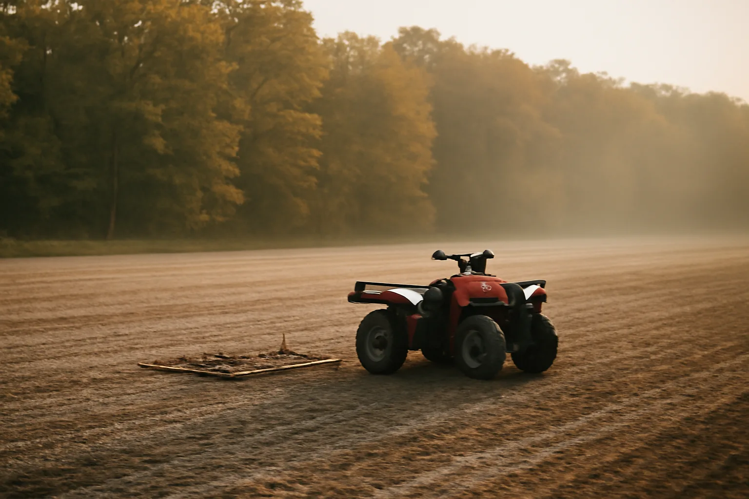 Freshly tilled food plot field edge with ATV and drag harrow at dusk