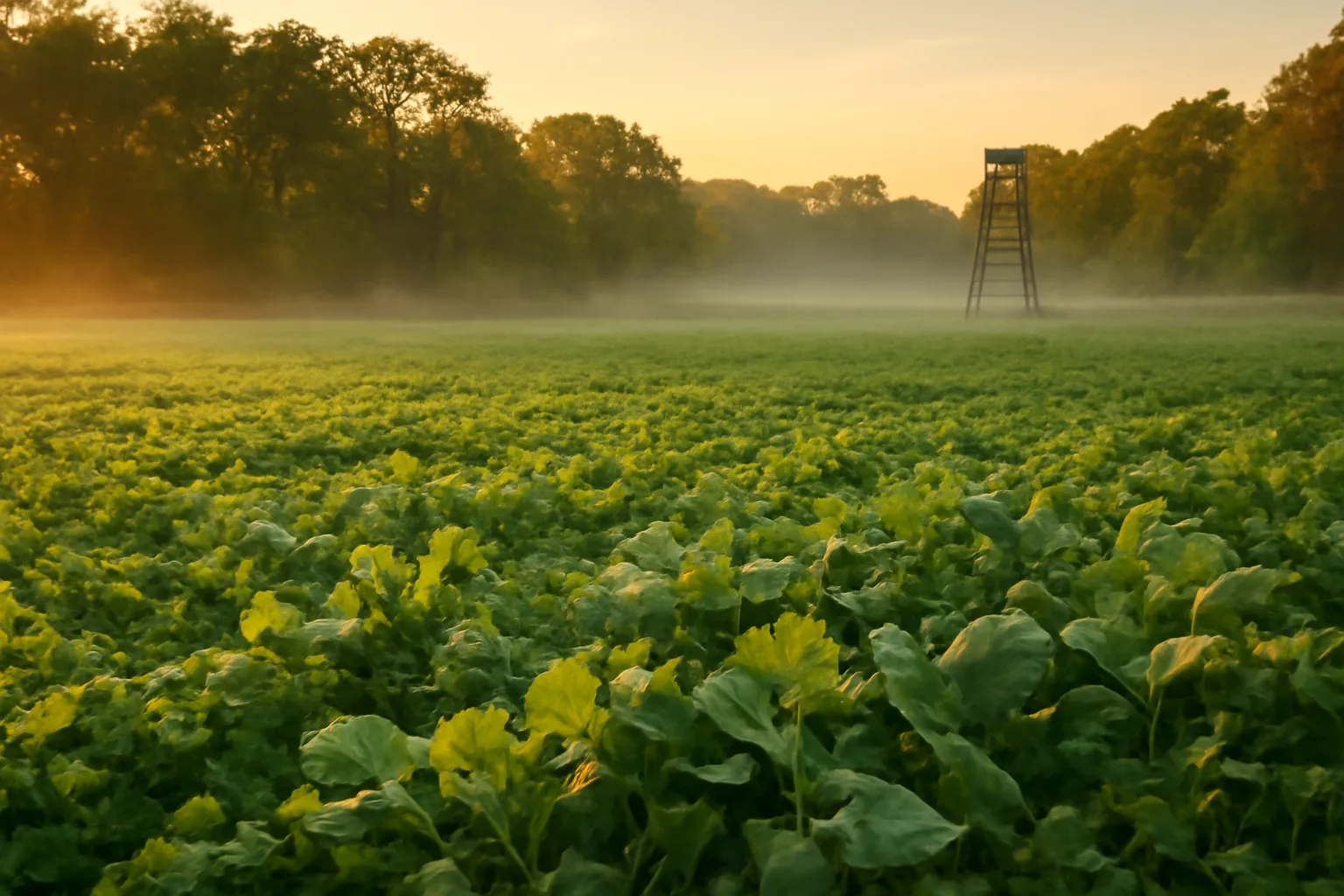 Green hunting food plot of clover and brassica at sunset near a tree line