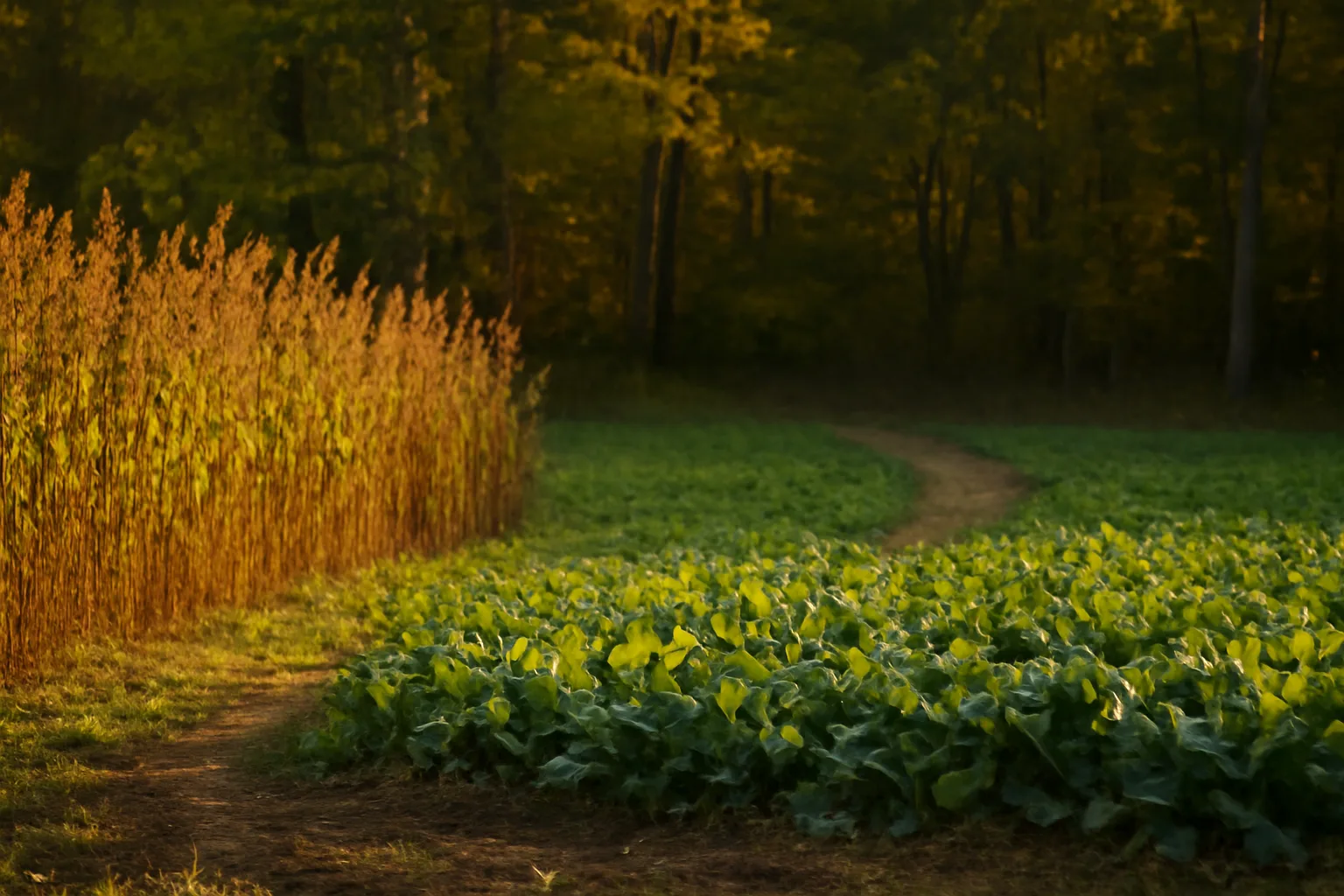 Layered illusion food plot system with sorghum screen bordering a green brassica plot at dusk