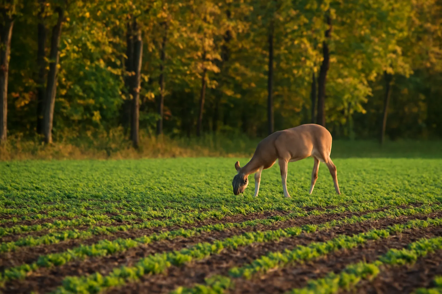 Whitetail deer grazing at edge of a planted green food plot near woods