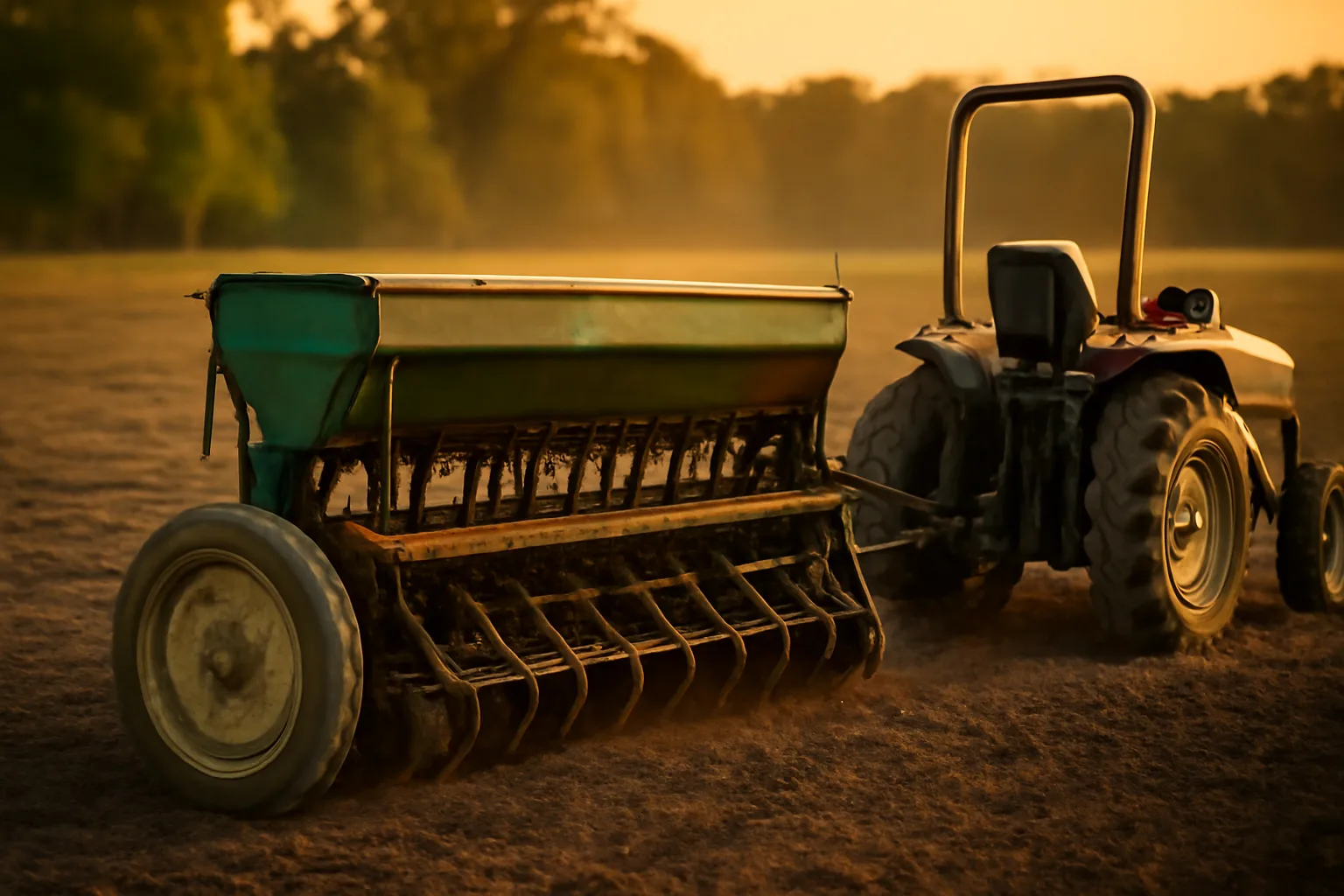 Used farm drill hitched to a tractor for planting a deer food plot