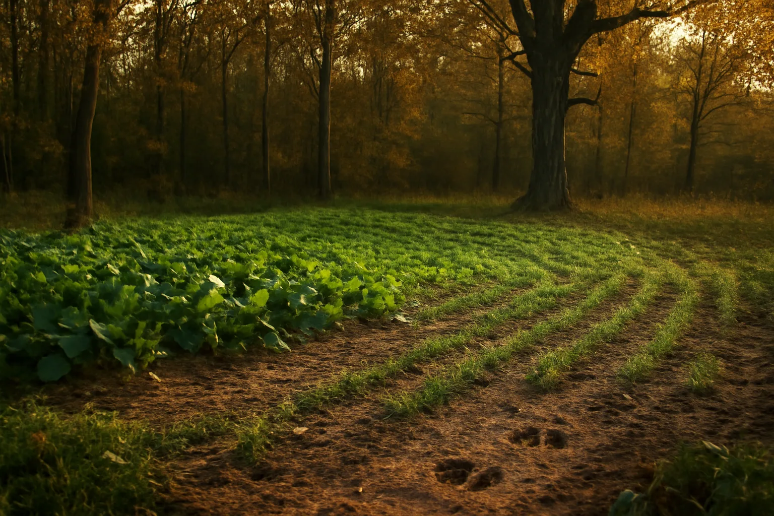 Small hidden kill plot with brassica and oat rows bordered by autumn hardwoods