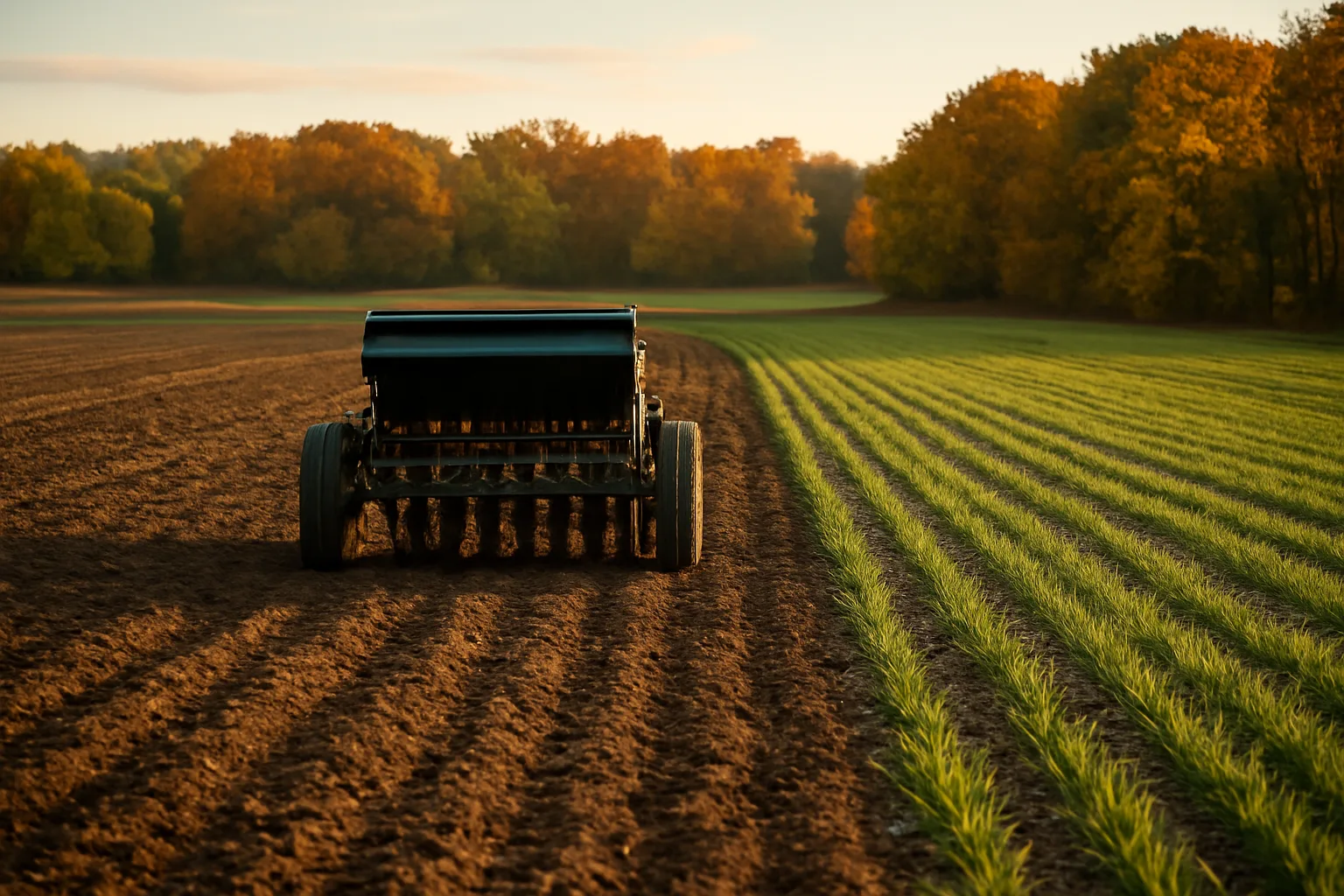 no-till drill in a partially planted late-season food plot at dusk