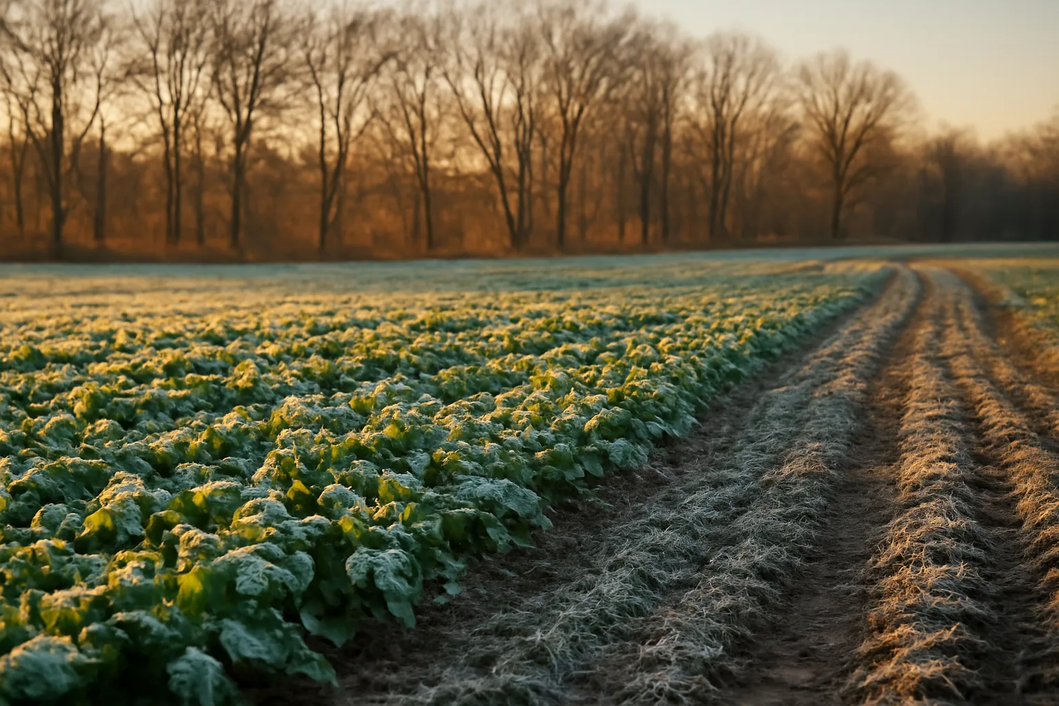 Frost-covered turnip and oat food plot at dusk in late fall