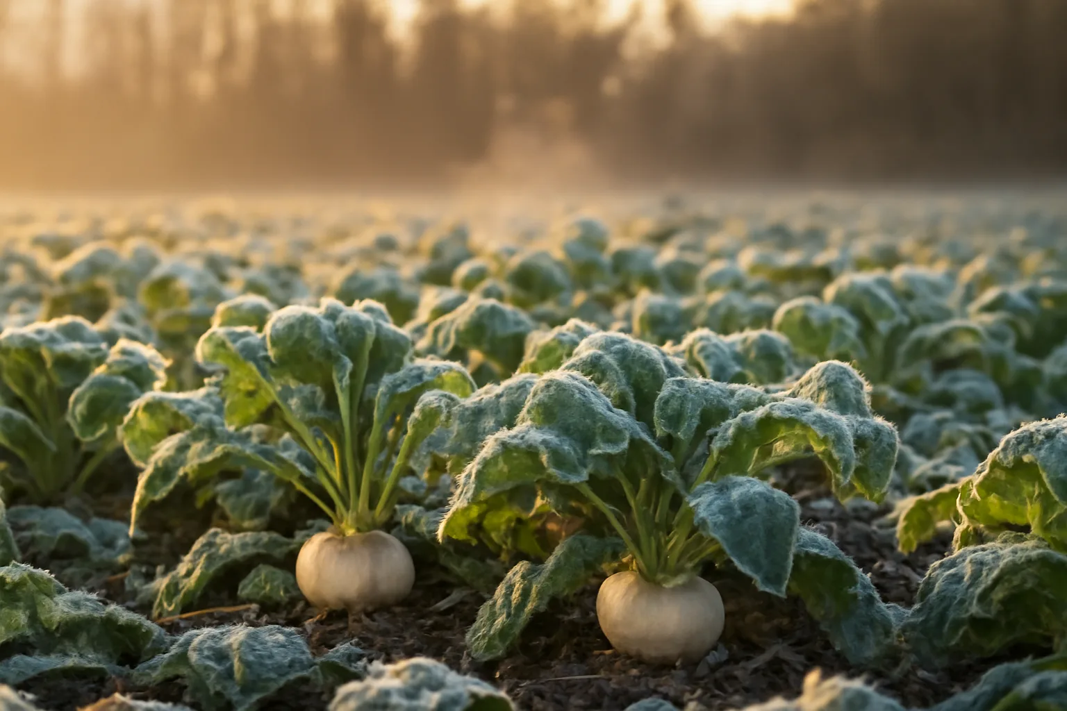 Frost-covered turnip food plot at sunrise with wooded tree line behind it