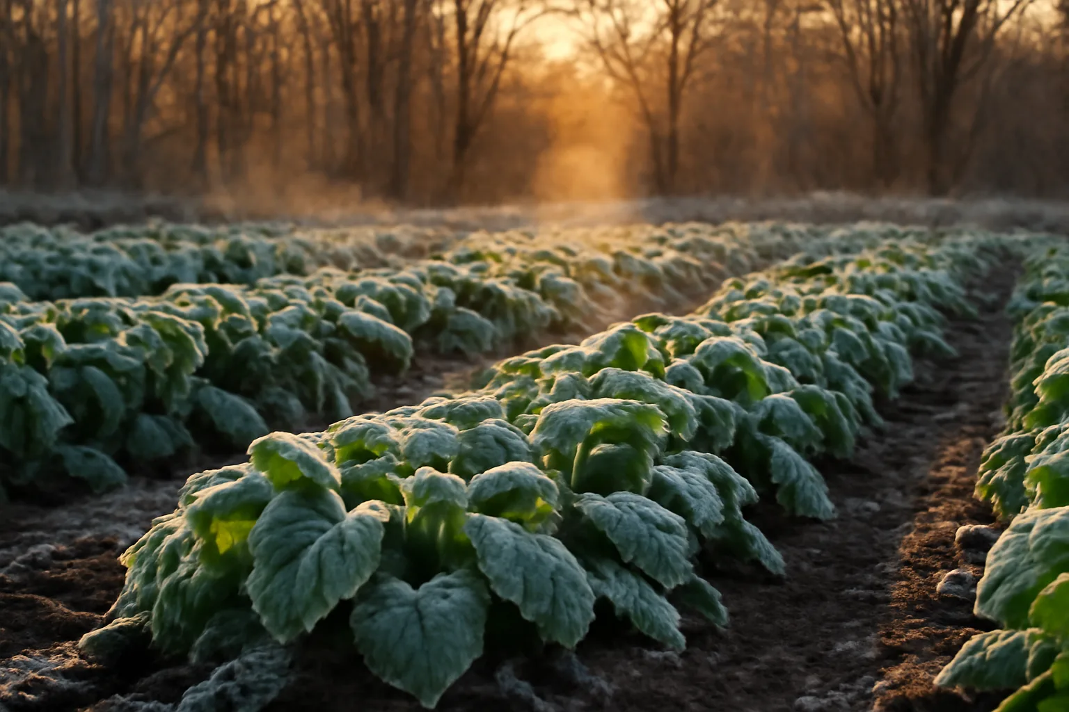 Frosted brassica late season food plot bordered by winter hardwoods at dusk