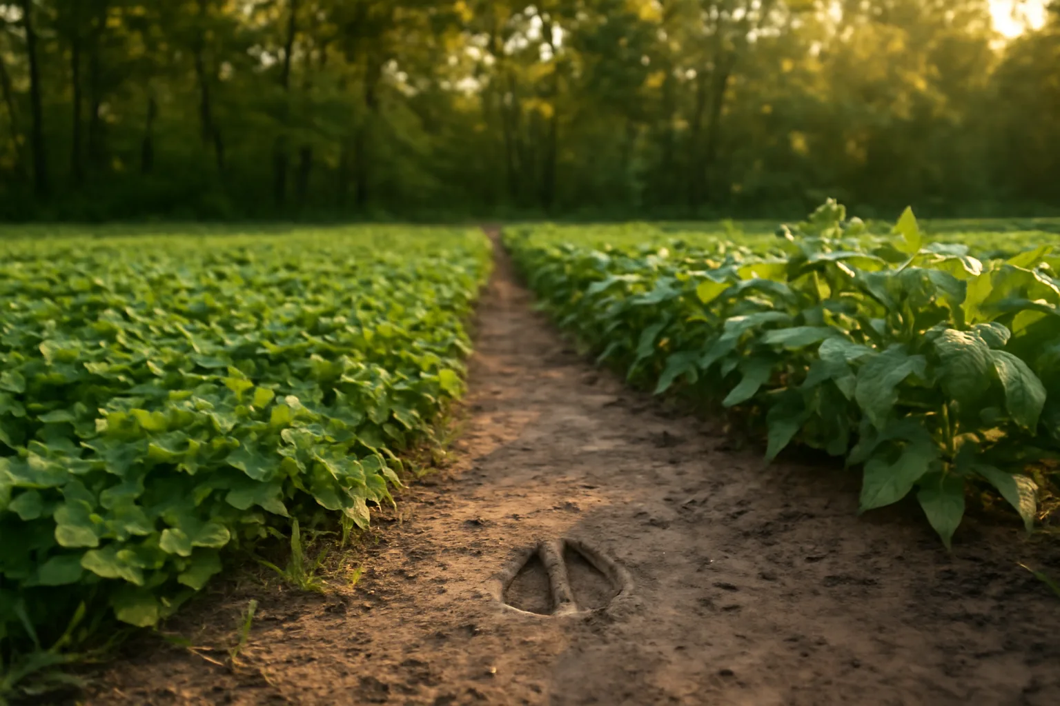 Green clover and soybean food plot at forest edge in late afternoon light