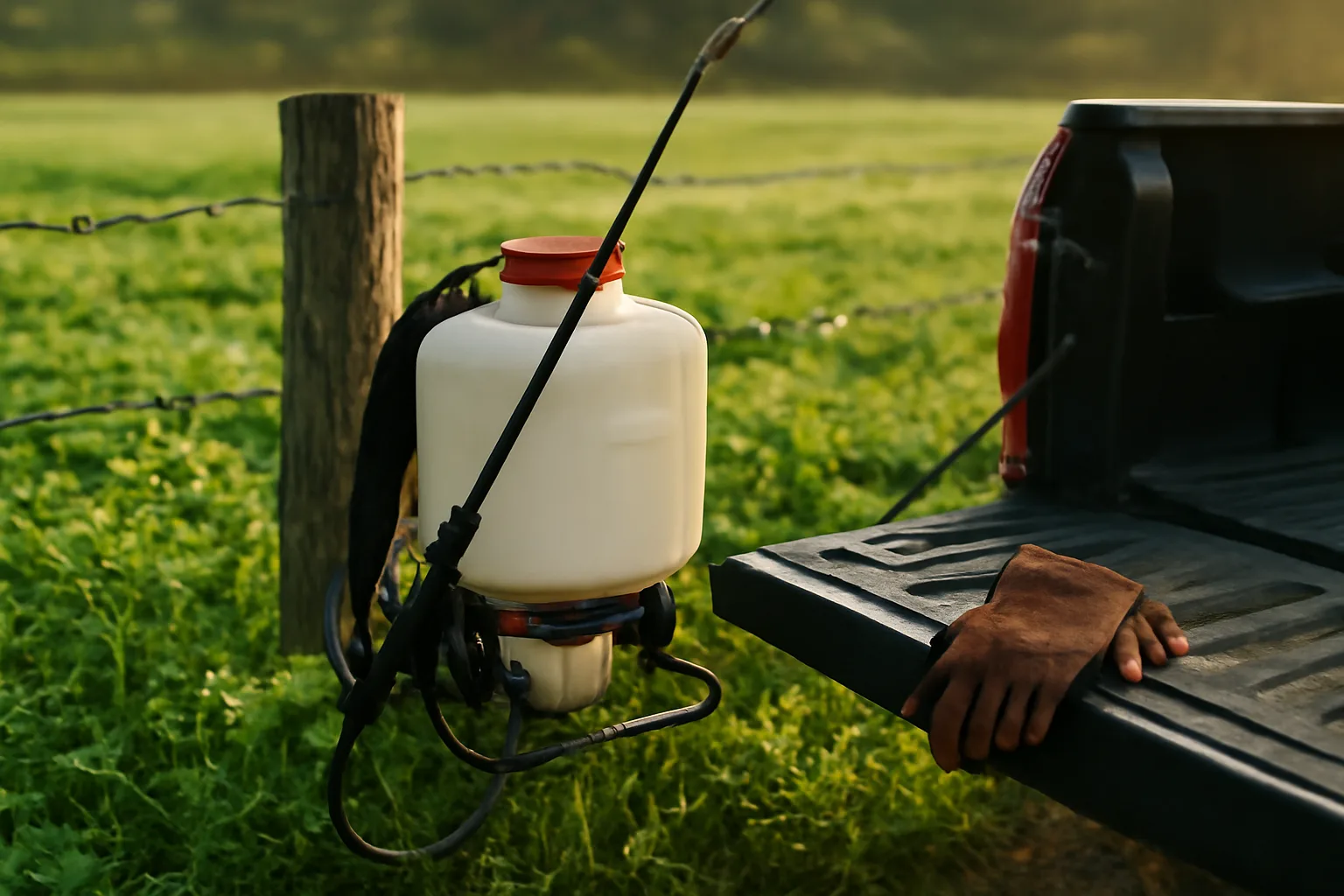 Backpack sprayer and clover food plot at golden hour showing liquid fertilizer application setup