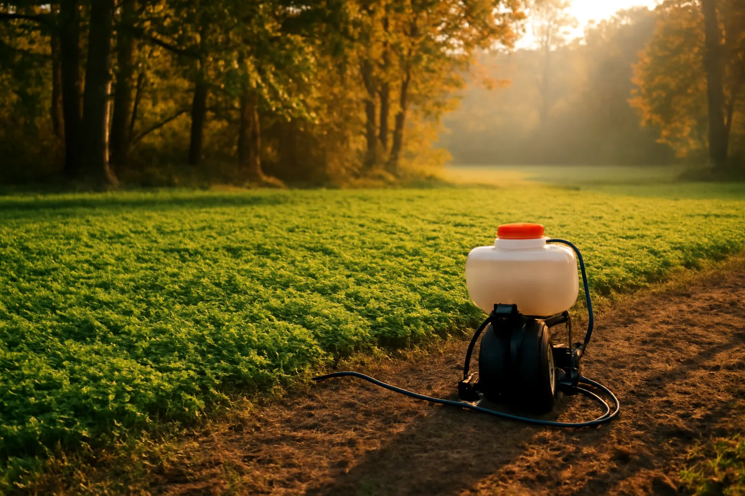 Backpack sprayer resting beside a clover food plot at golden hour
