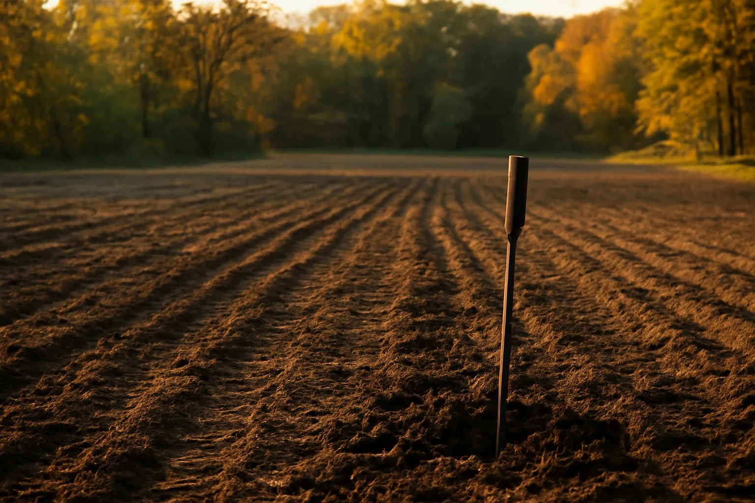 Freshly tilled food plot clearing with soil probe and tractor tracks in autumn light