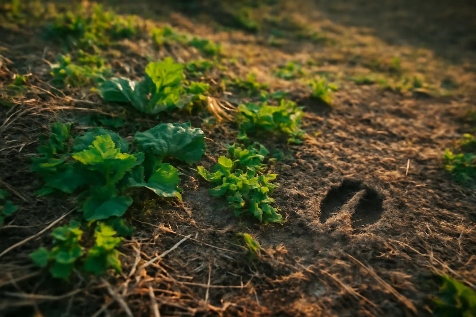 No-plow deer food plot with clover and brassicas growing through dead sod residue