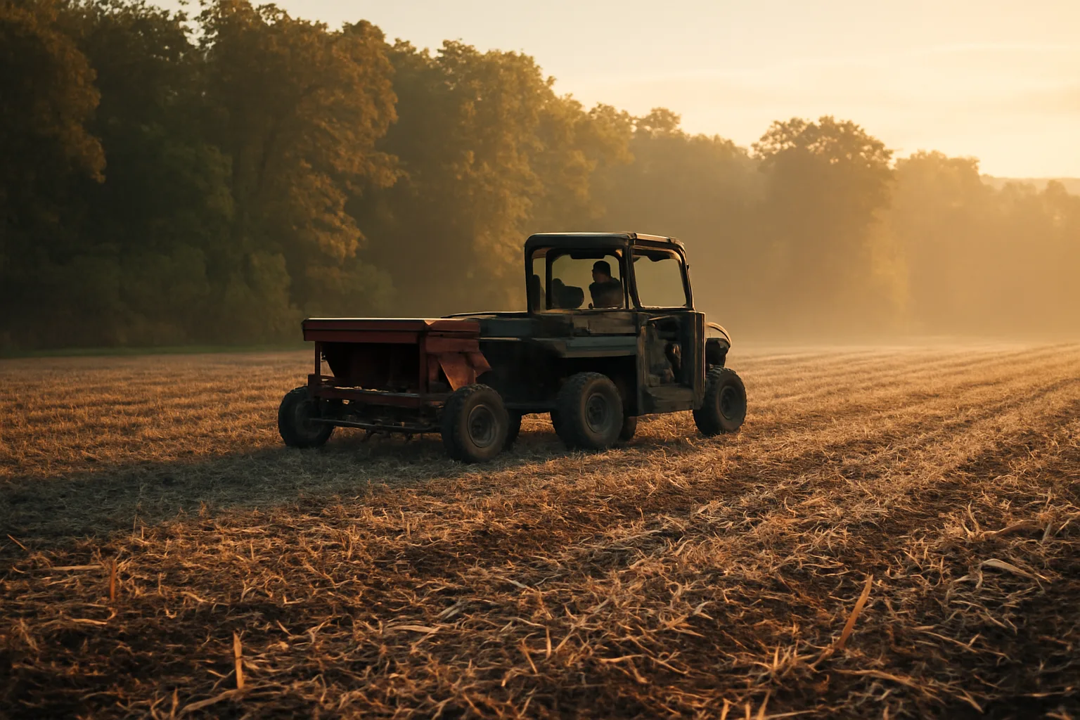 UTV pulling a no-till drill through food plot residue at dawn near timber edge