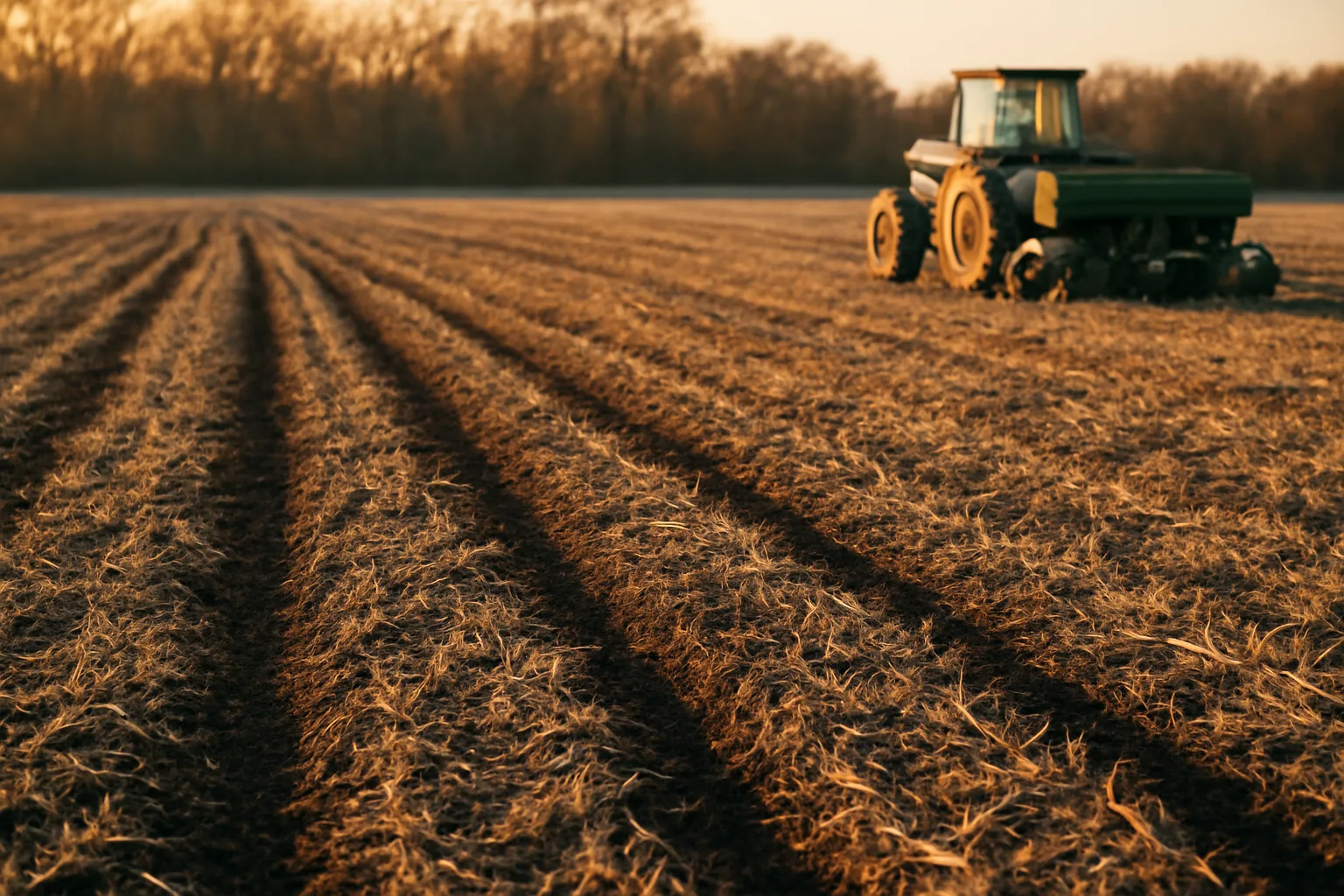 No-till drill rows cut through crop residue in a fall food plot at dusk