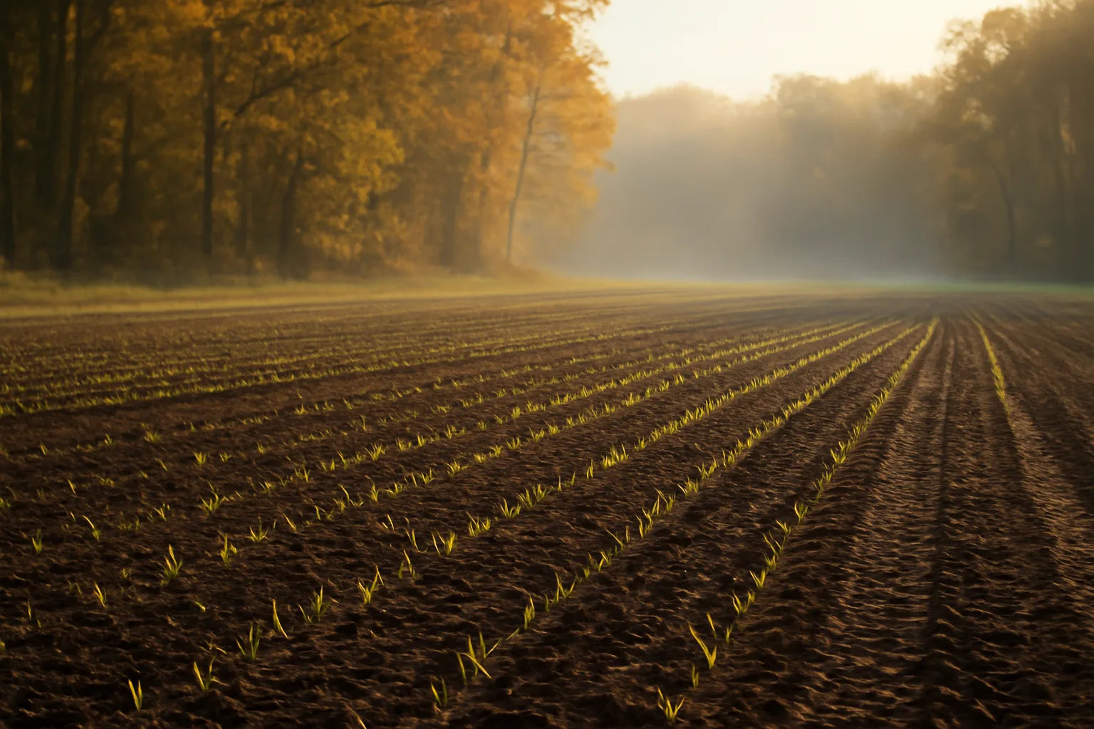 No-till food plot clearing with cultipacker tracks and emerging oat seedlings at dusk