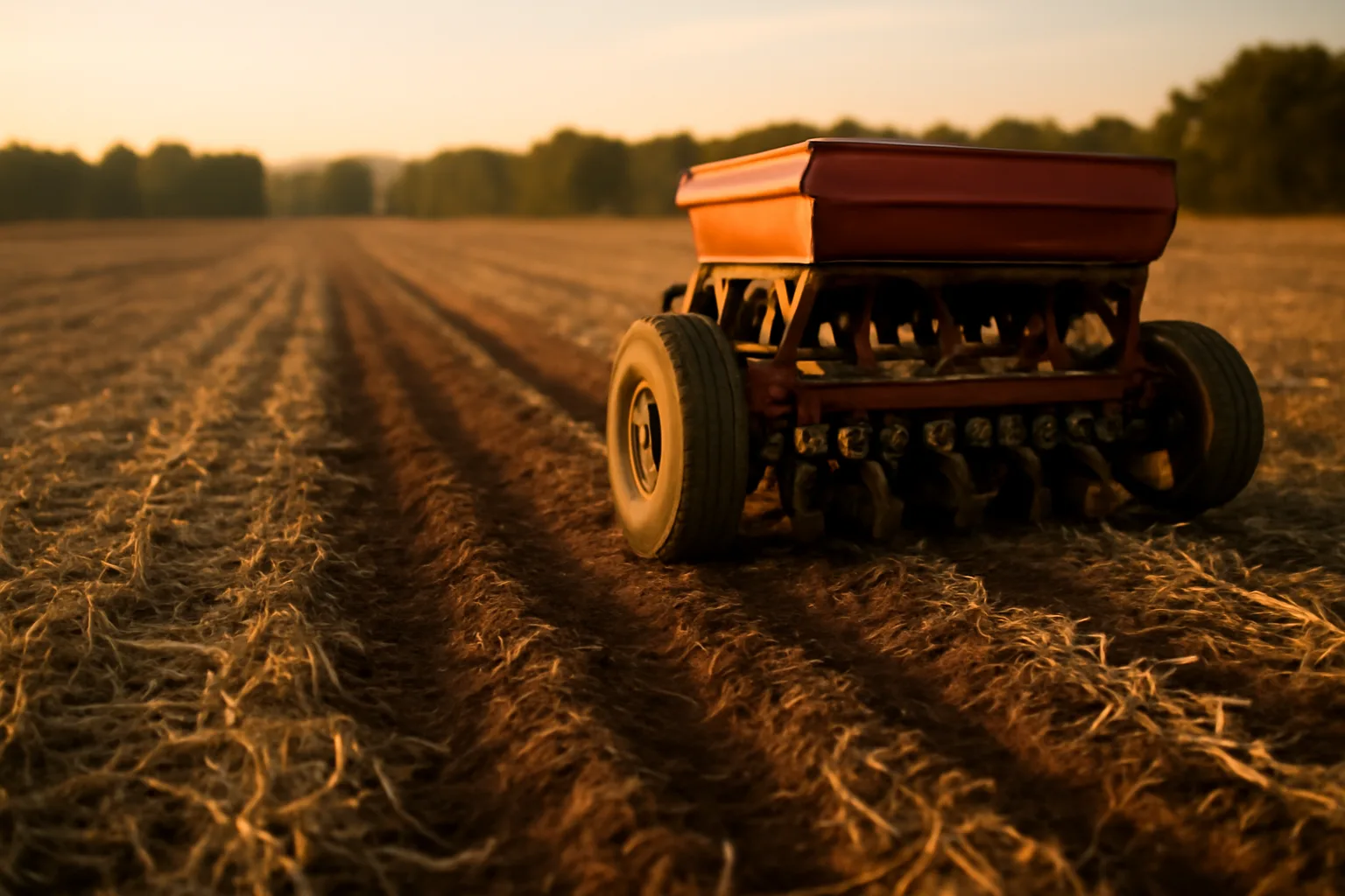 No-till drill planting a fall food plot into dead residue at sunset