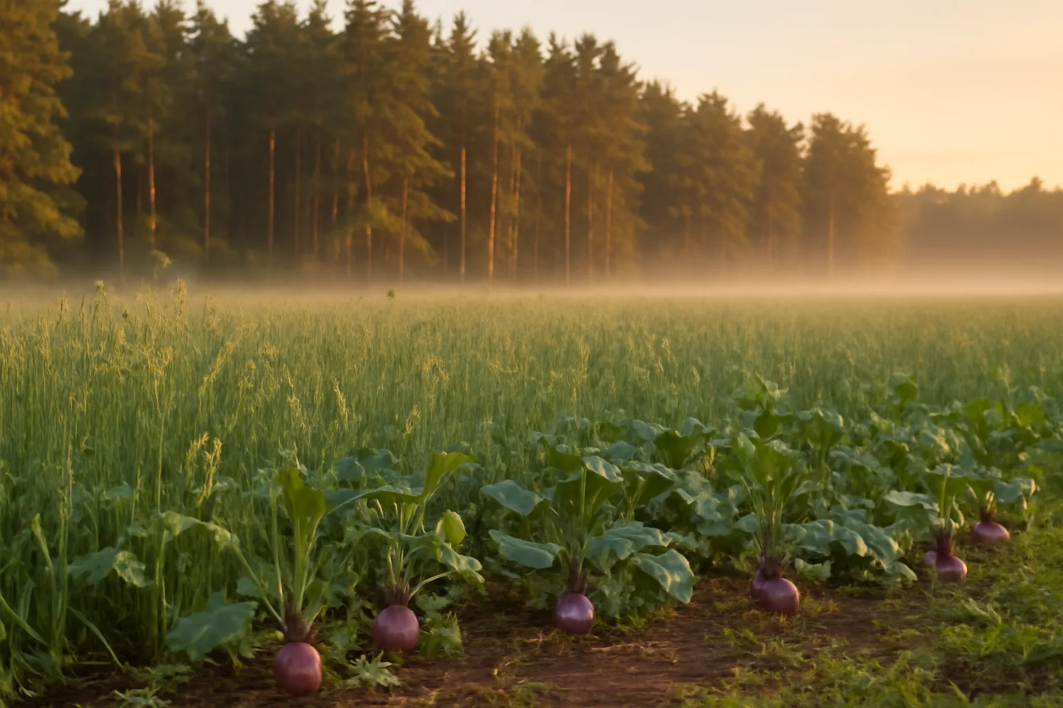 Northwoods food plot of oats and turnips bordered by pine forest at dusk