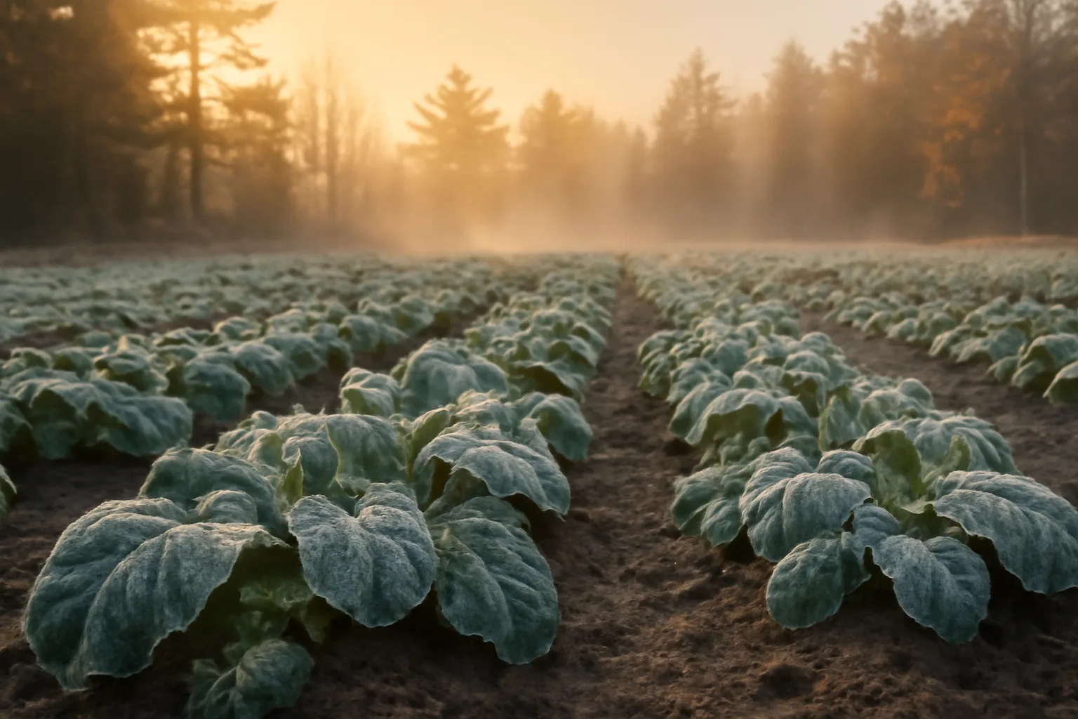 Frost-covered brassica food plot at dawn surrounded by northern hardwood forest