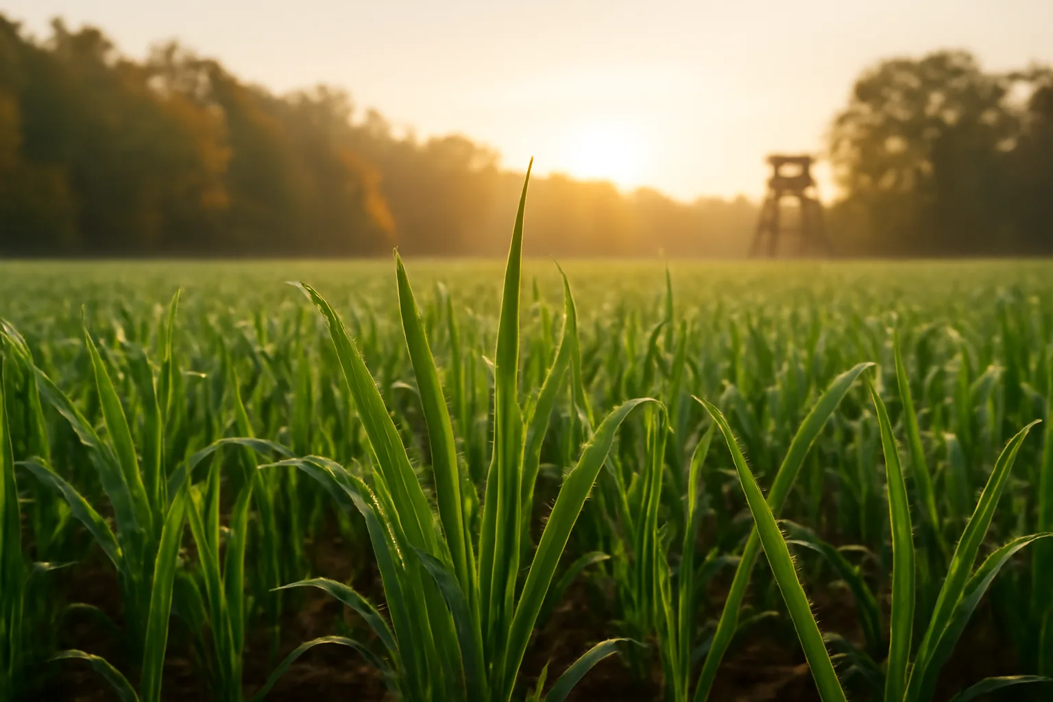 Young green oat food plot for deer at sunrise near a wooded tree line