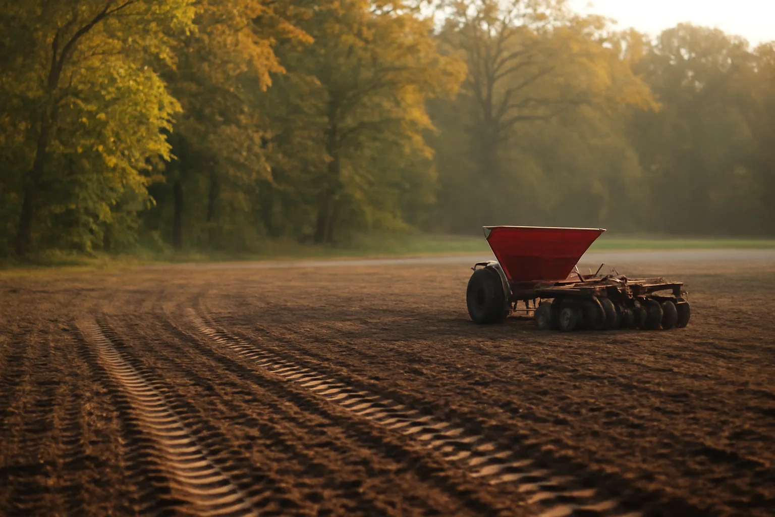 Freshly tilled food plot clearing at the edge of hardwoods in early fall light