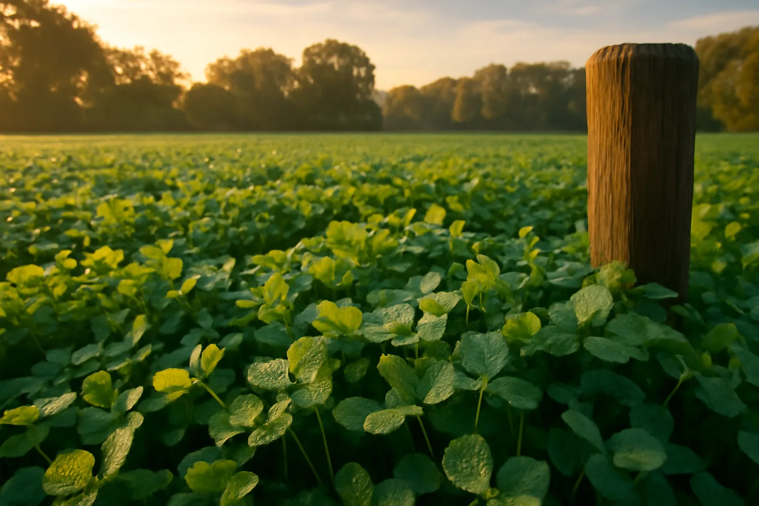 Lush green clover perennial deer food plot bordered by hardwood trees at sunrise