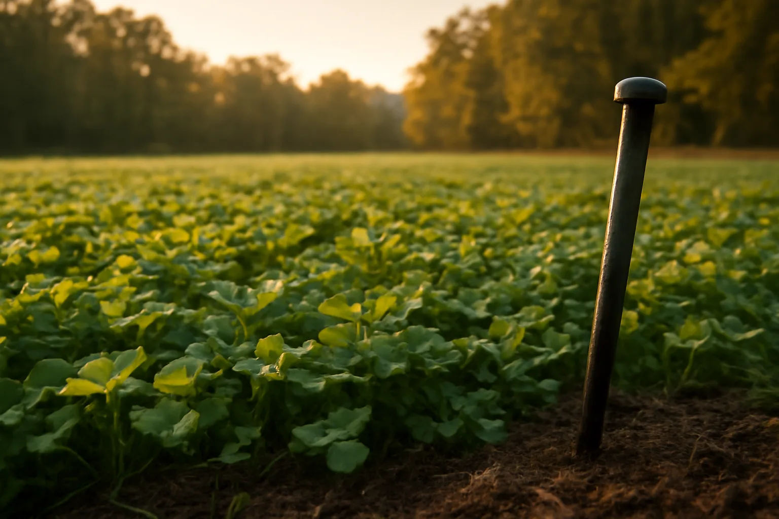 Established perennial clover food plot bordering hardwood timber at sunrise
