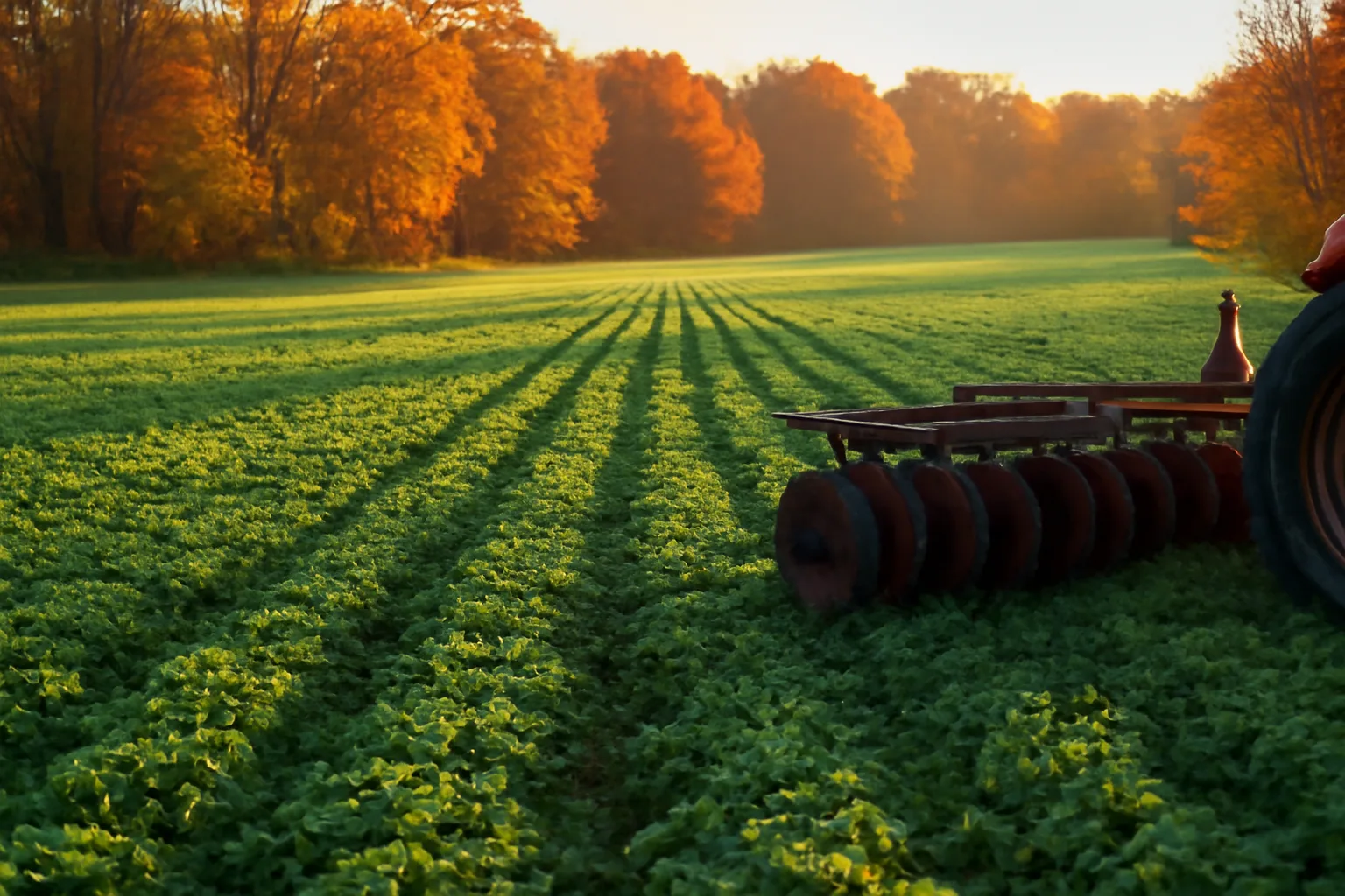 Perennial clover food plot growing in a cleared field edged by fall hardwoods