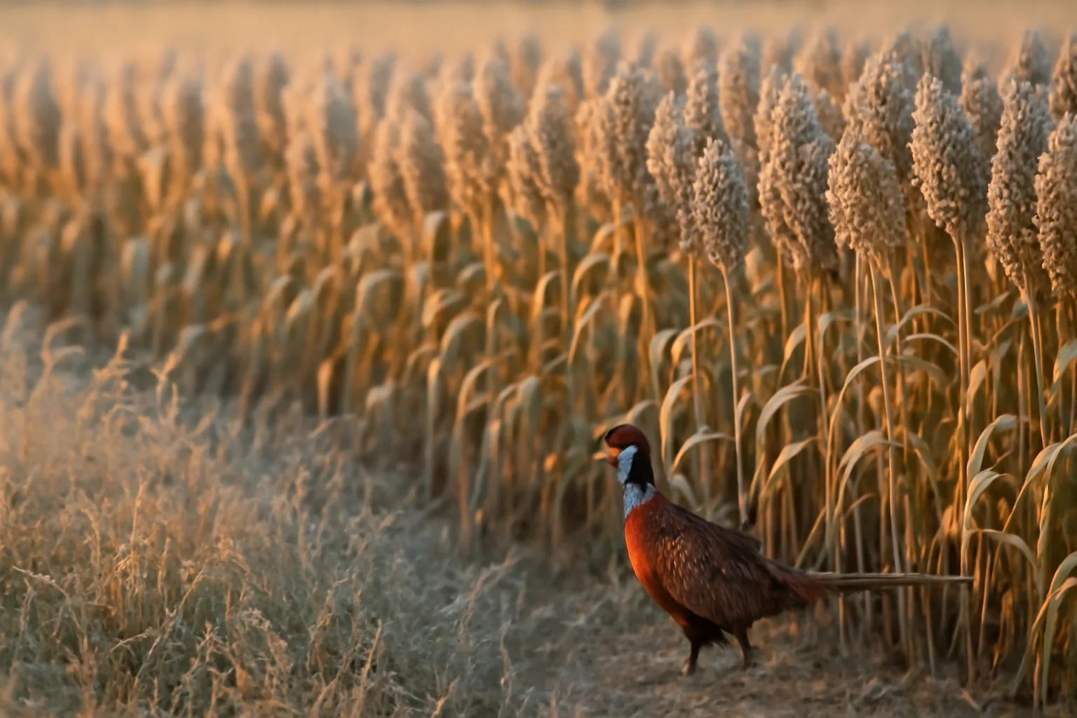 Pheasant food plot seed of standing sorghum bordered by grass cover at sunrise