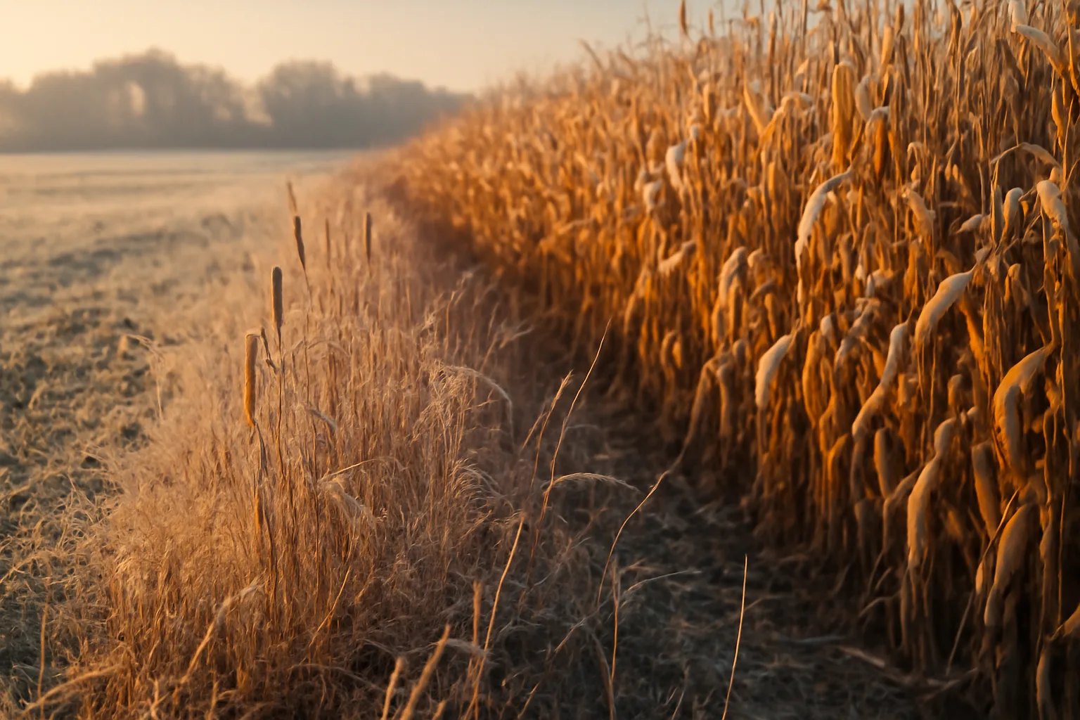 Standing corn strip beside native grass cover, a pheasant food plot layout at sunrise