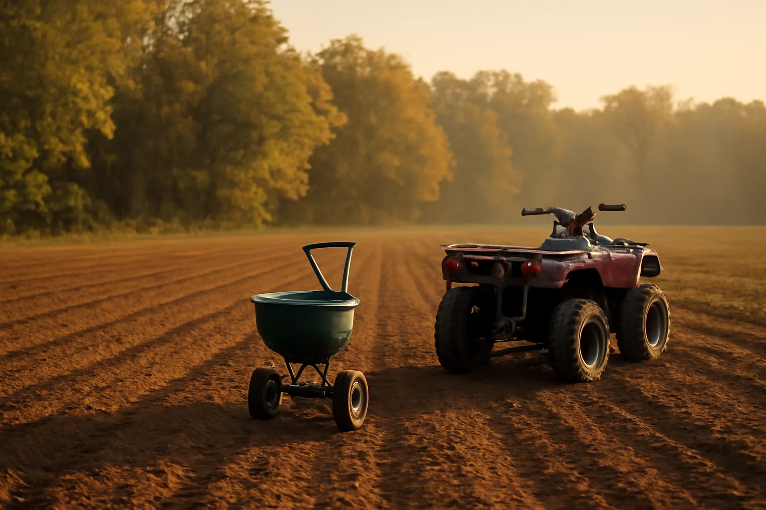 Freshly tilled food plot rows bordering a wooded tree line at sunset