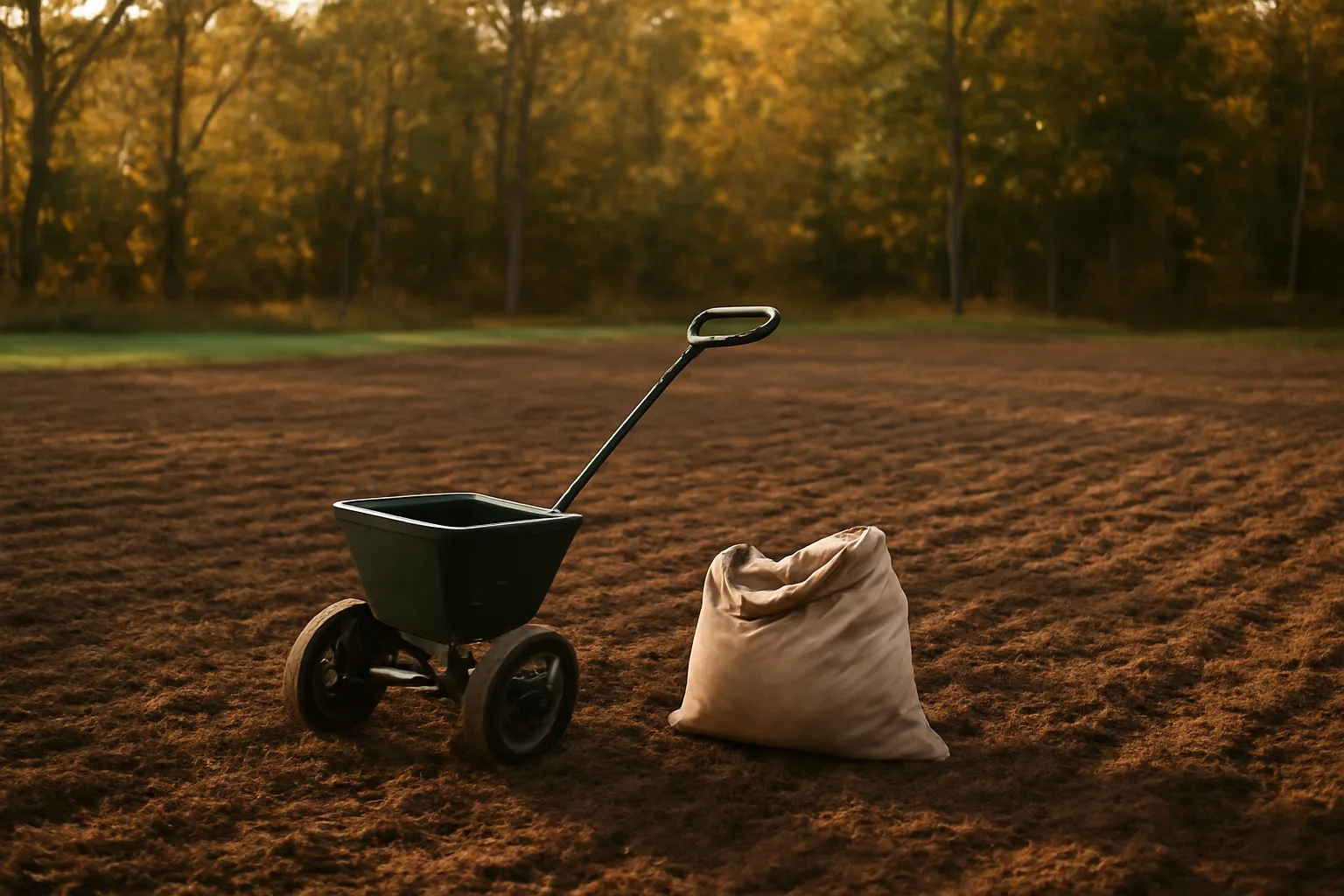 Freshly tilled deer food plot with a seed spreader at the edge of a hardwood tree line