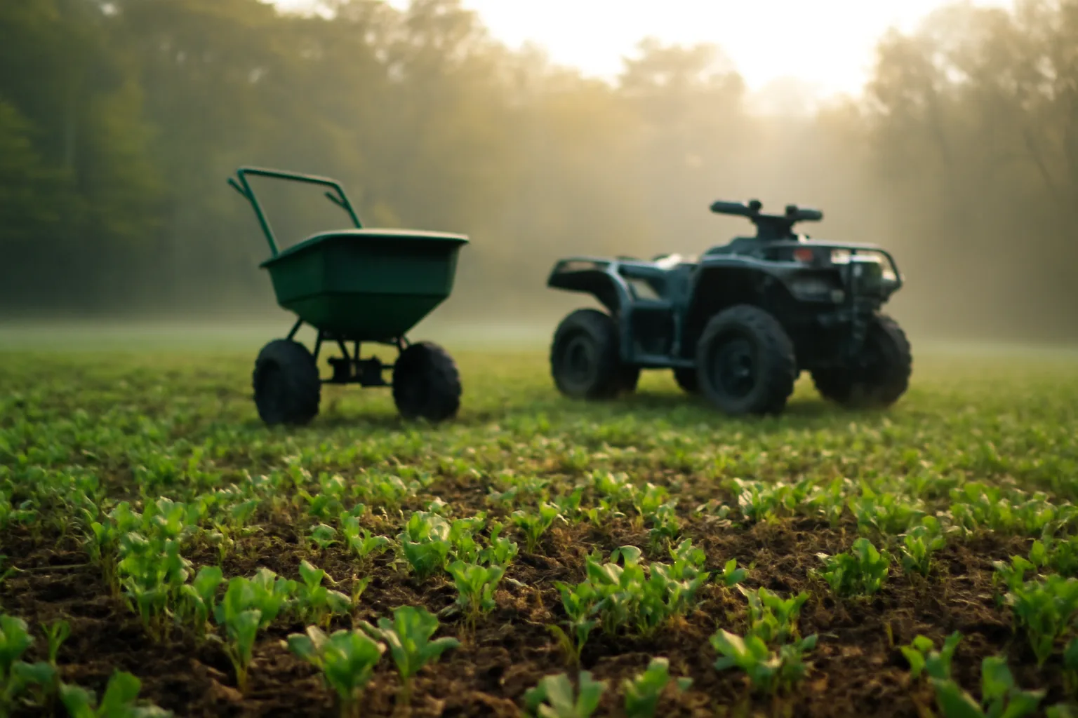 Sunrise over a newly planted spring clover food plot bordered by hardwood trees